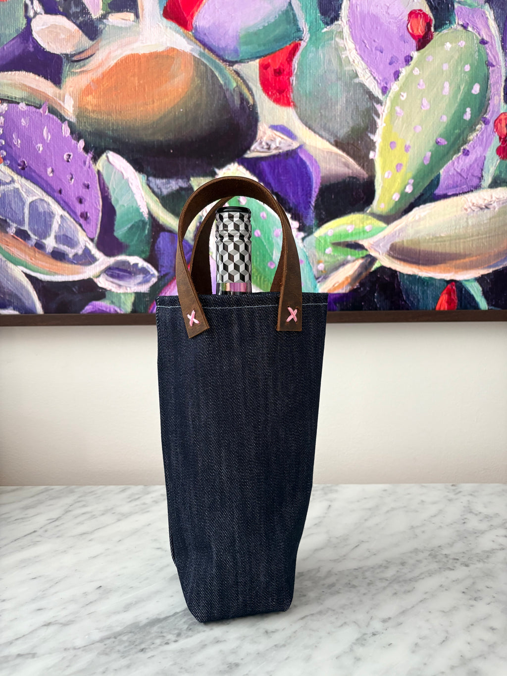 Denim and Leather Wine Bag - Single