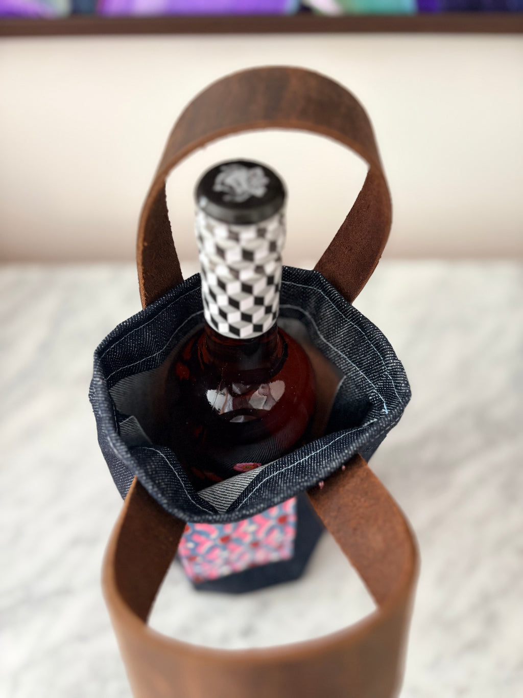 Denim and Leather Wine Bag - Single