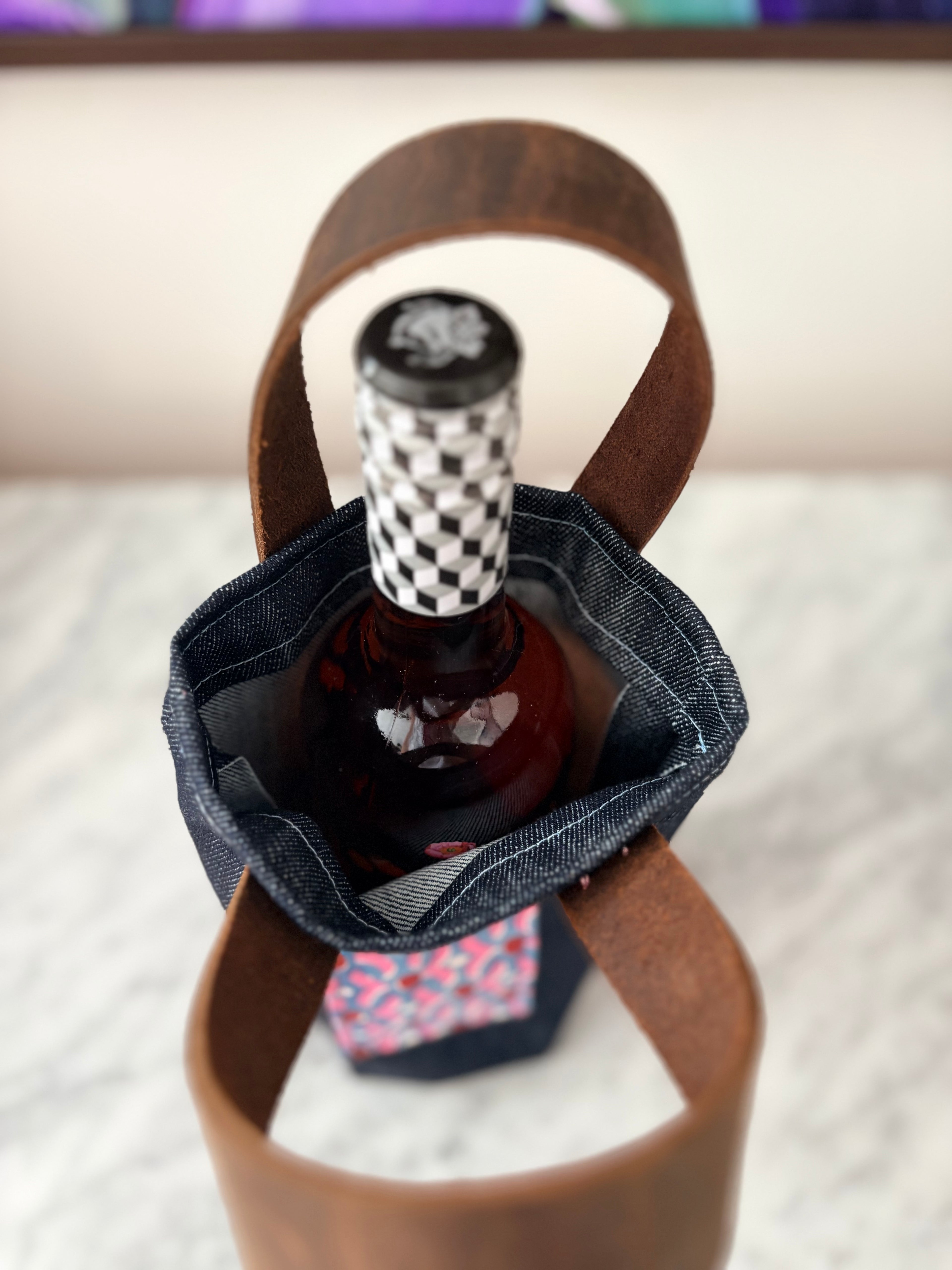 Denim and Leather Wine Bag - Single