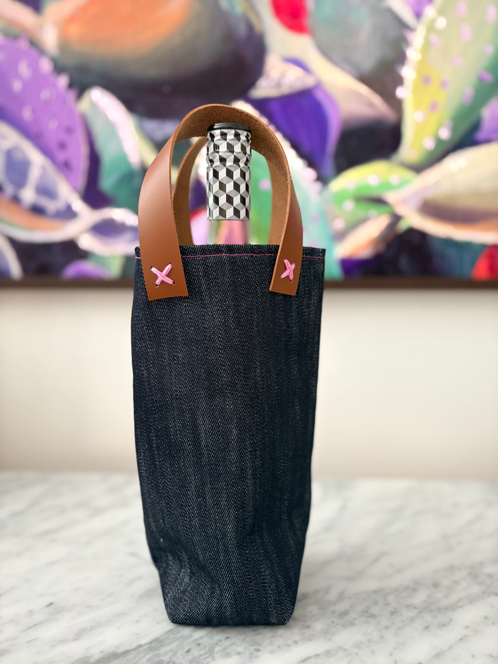 Denim and Leather Wine Bag - Single