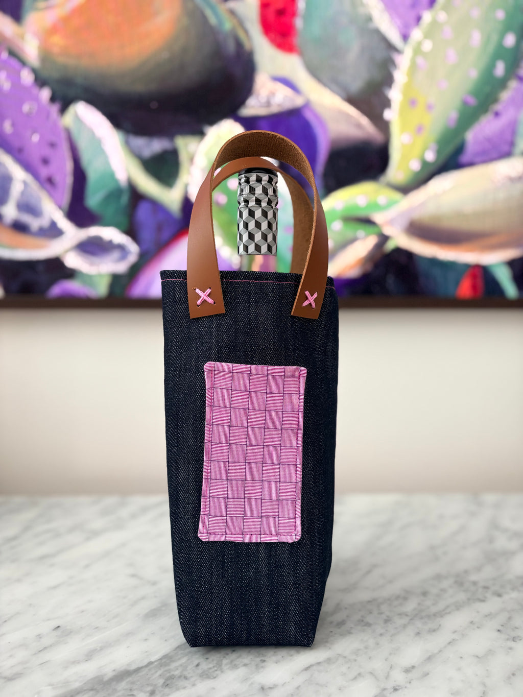 Denim and Leather Wine Bag - Single