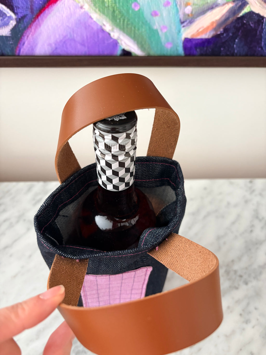 Denim and Leather Wine Bag - Single