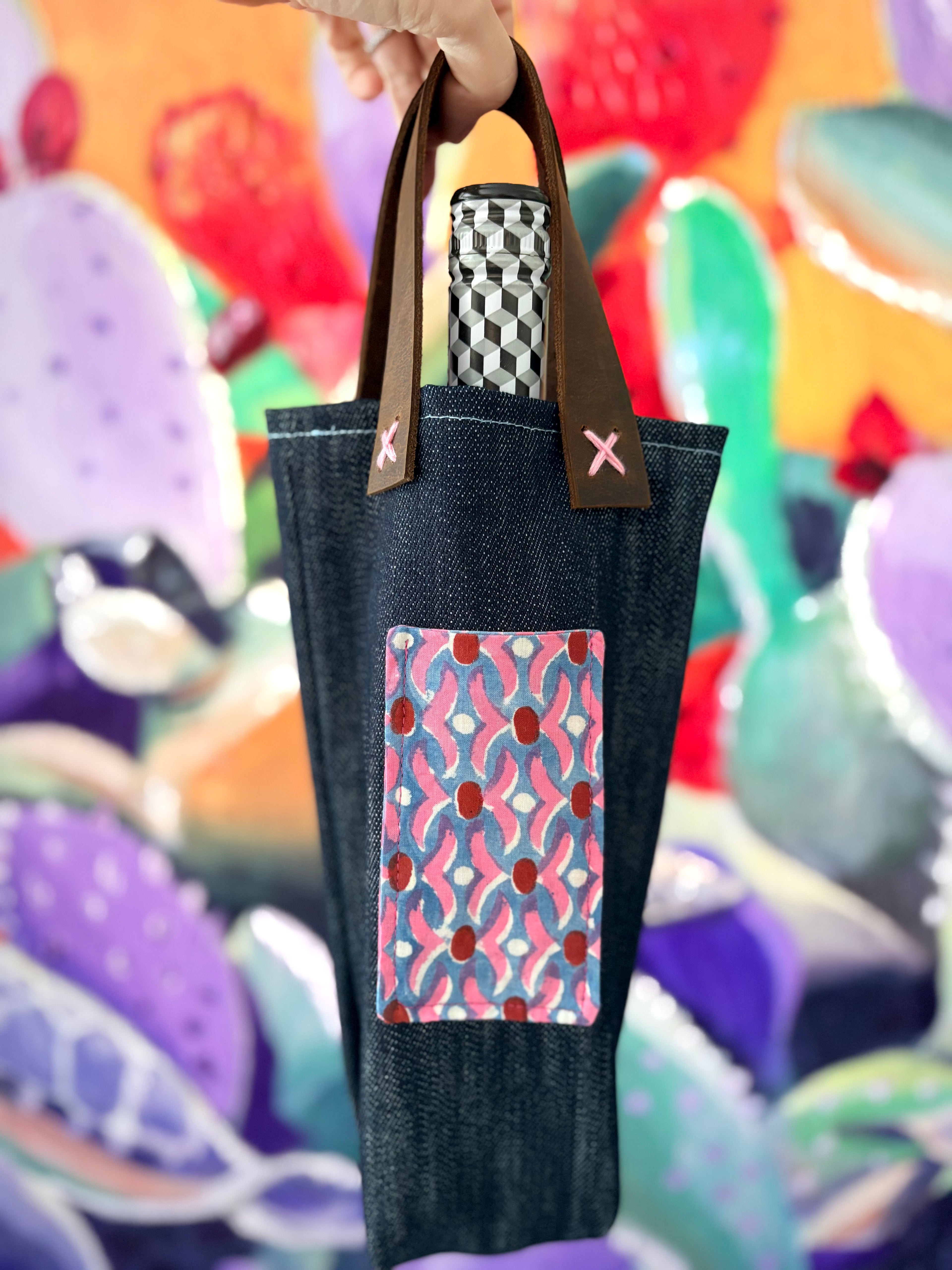 Denim and Leather Wine Bag - Single