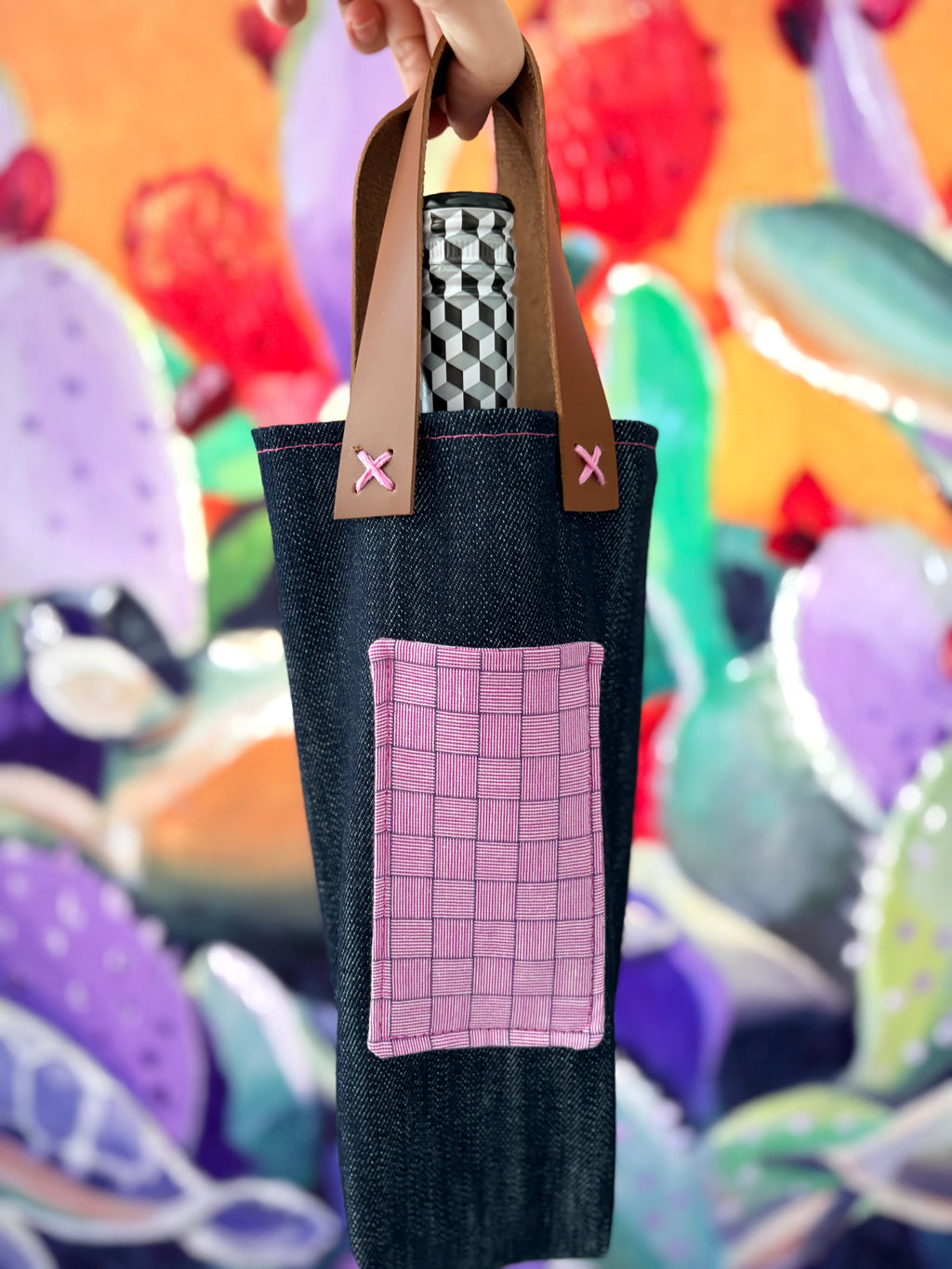 Denim and Leather Wine Bag - Single