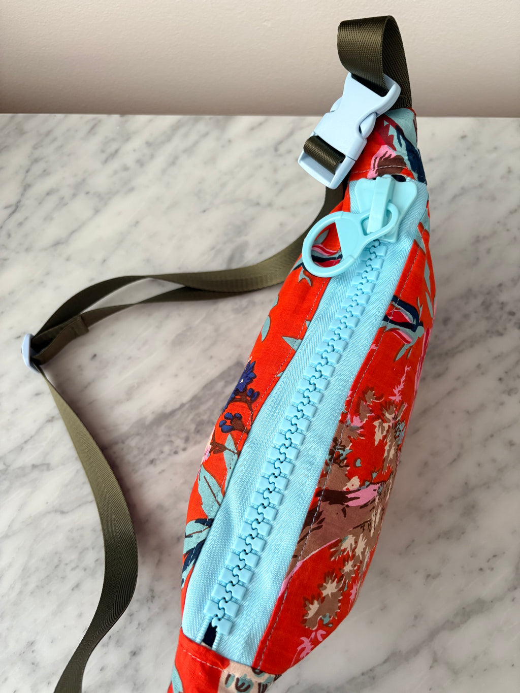 Crossbody - Orange Menagerie Print and Blue Zipper