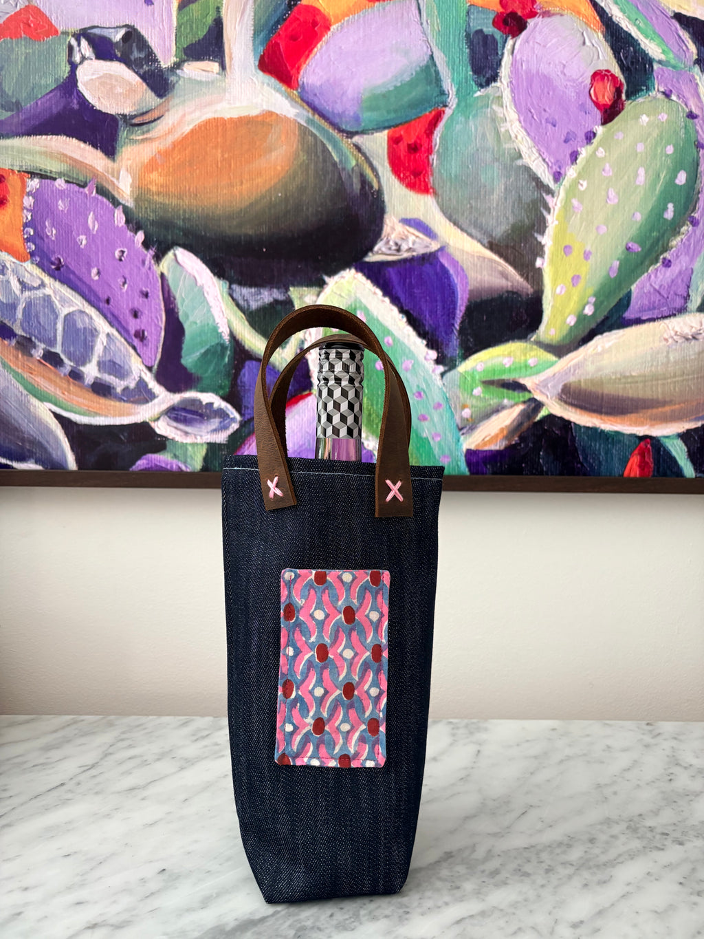 Denim and Leather Wine Bag - Single