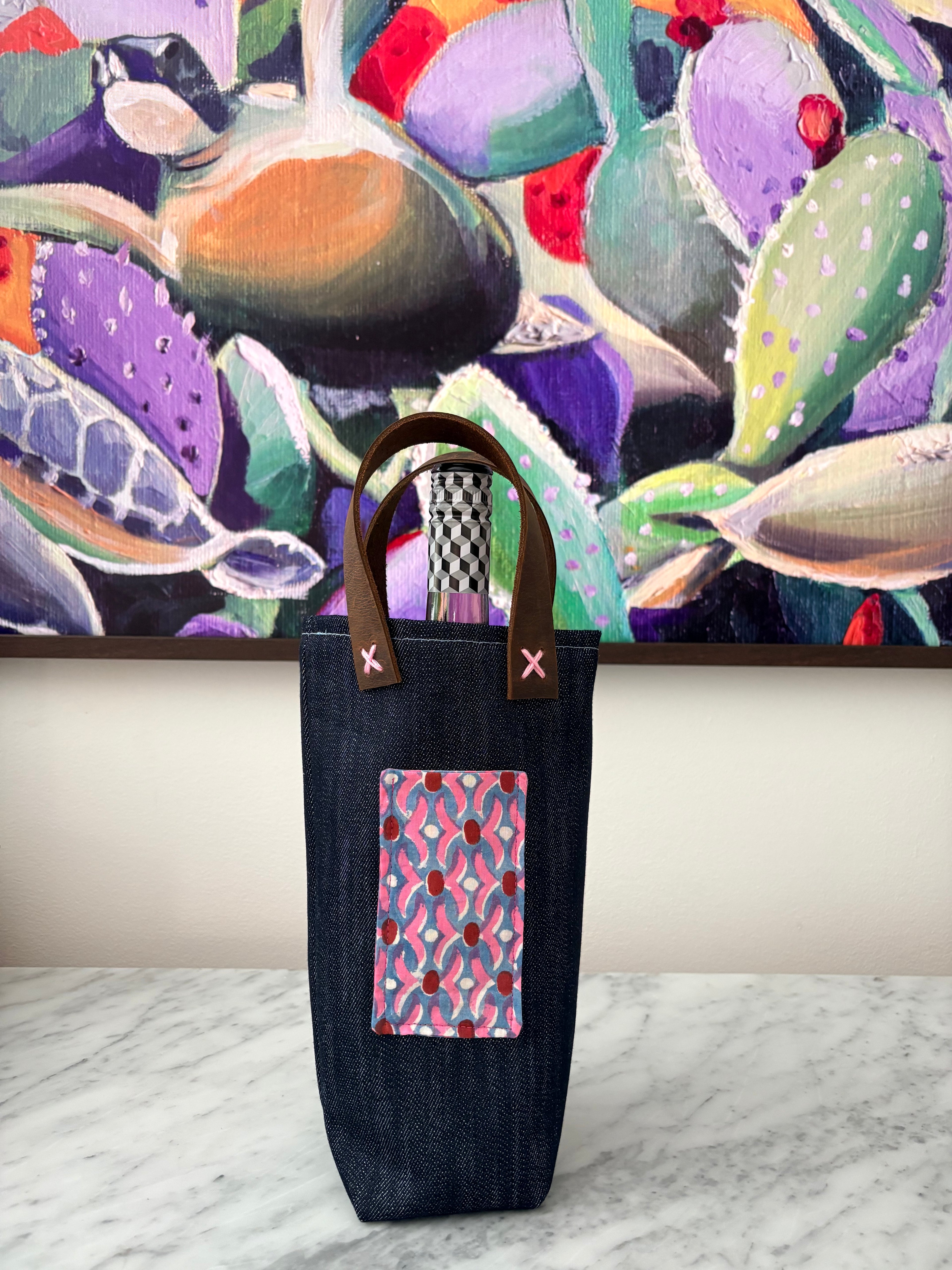 Denim and Leather Wine Bag - Single