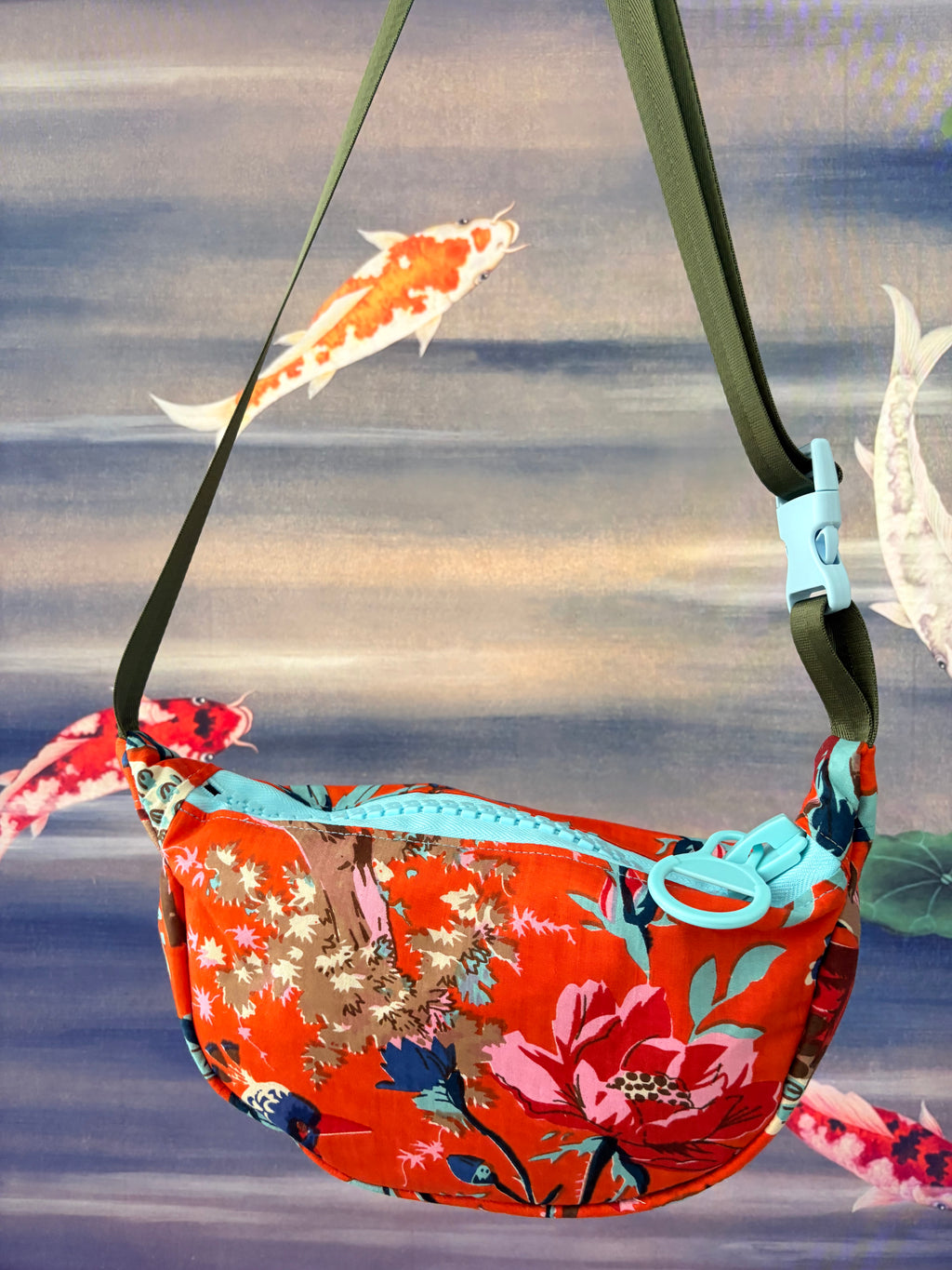 Crossbody - Orange Menagerie Print and Blue Zipper