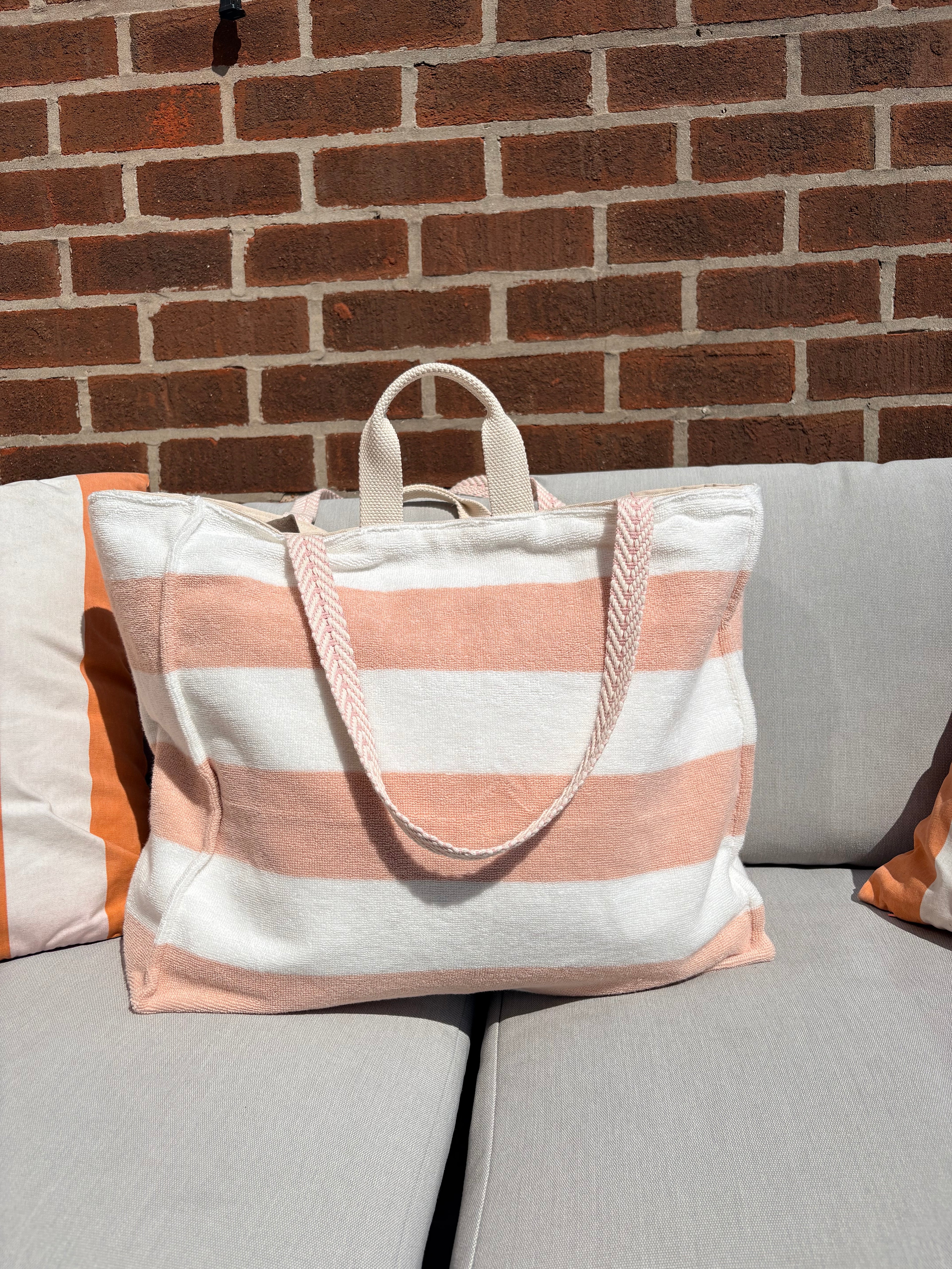 Pink & White Striped (Structured) Terry Cloth Beach Tote