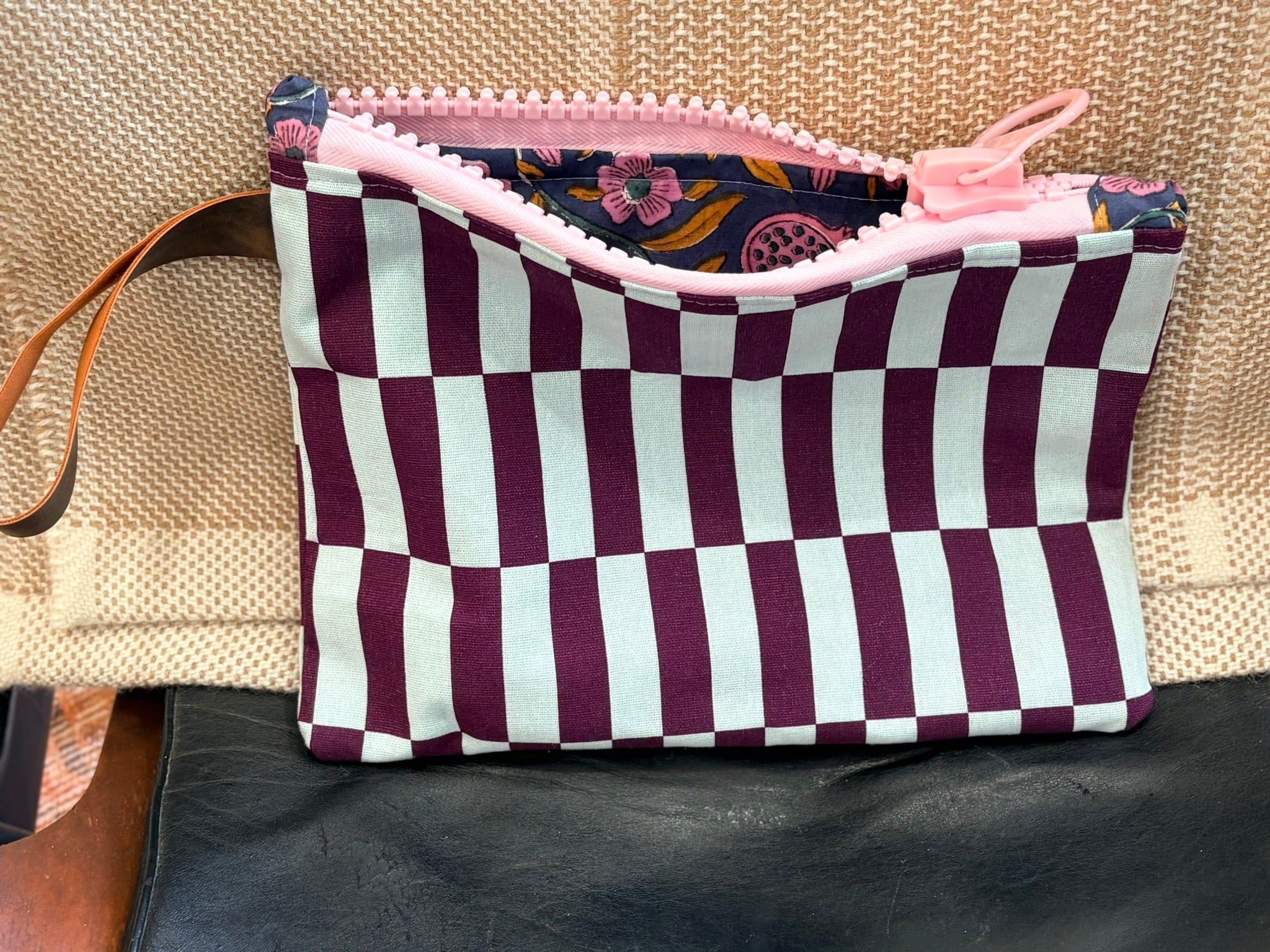 Purple Blue Patterned Clutch with Baby Pink Zipper and Leather Strap