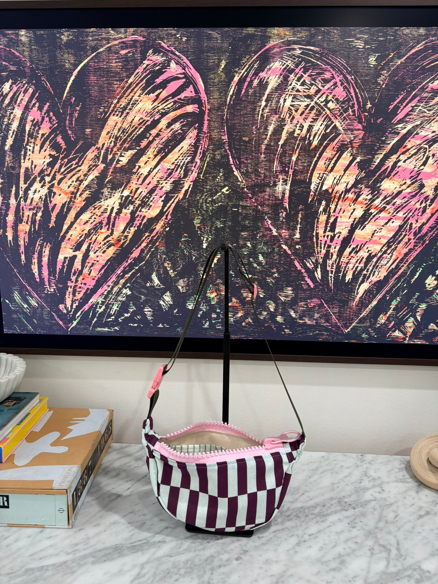 Crossbody - Purple and Baby Blue Offset Stripe Print and Pink Zipper