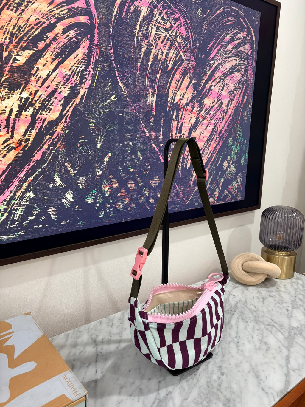 Crossbody - Purple and Baby Blue Offset Stripe Print and Pink Zipper