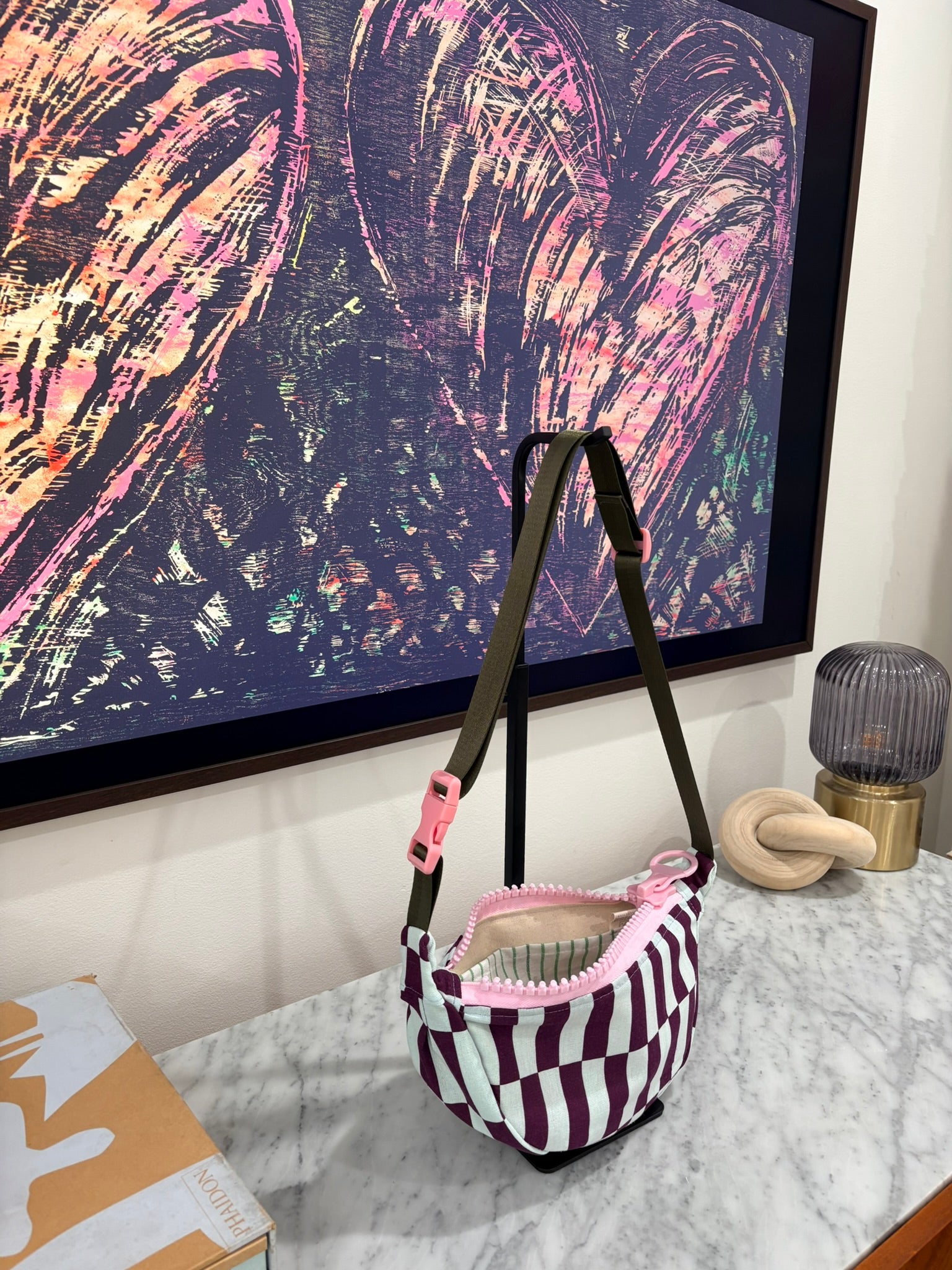 Crossbody - Purple and Baby Blue Offset Stripe Print and Pink Zipper
