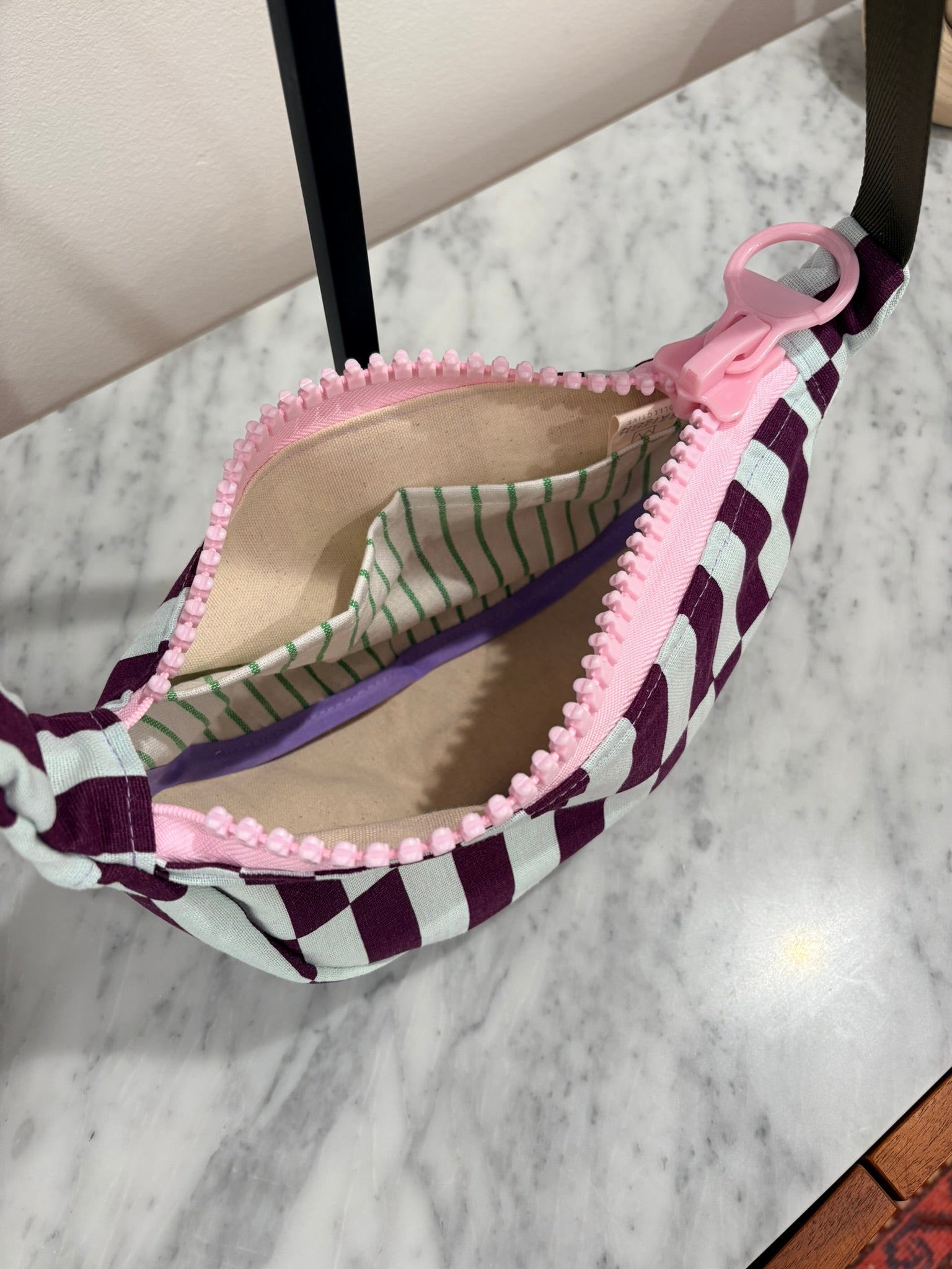 Crossbody - Purple and Baby Blue Offset Stripe Print and Pink Zipper