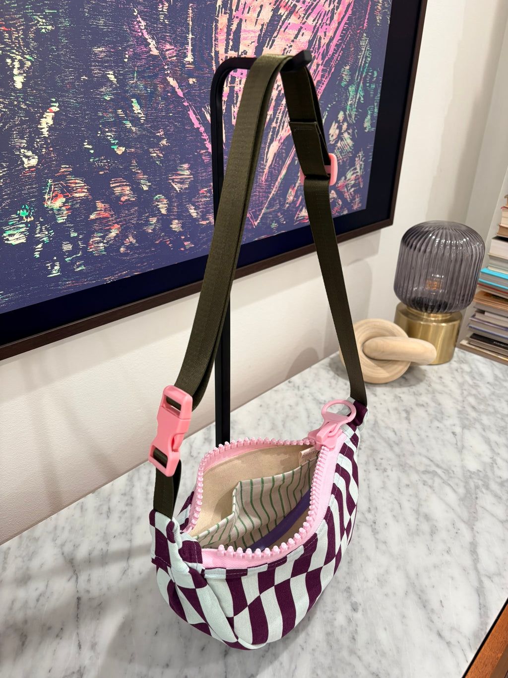 Crossbody - Purple and Baby Blue Offset Stripe Print and Pink Zipper
