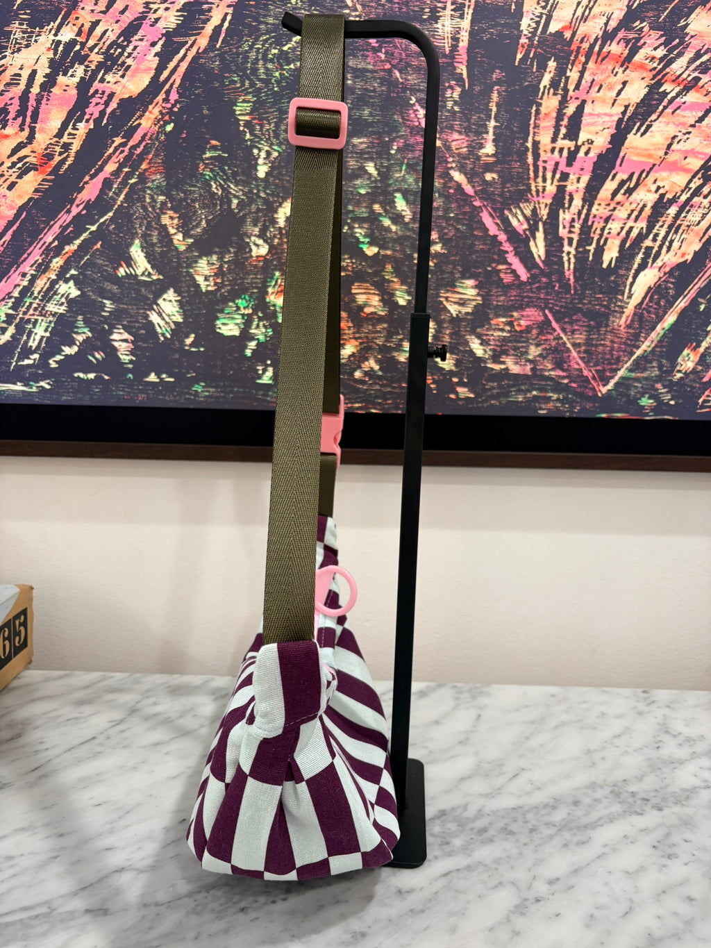 Crossbody - Purple and Baby Blue Offset Stripe Print and Pink Zipper