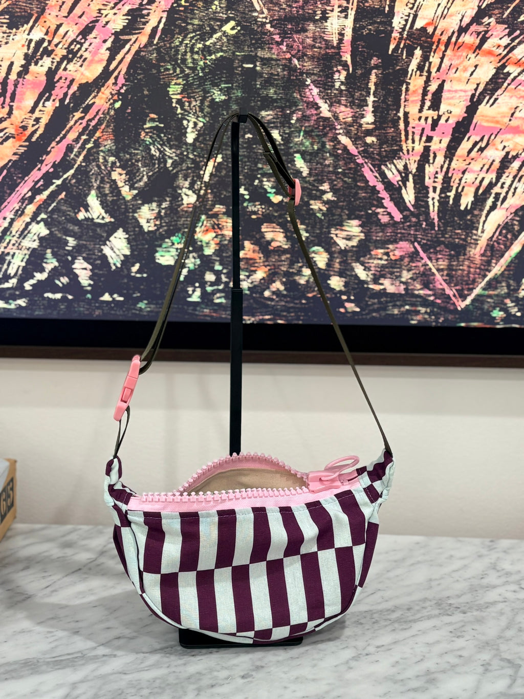 Crossbody - Purple and Baby Blue Offset Stripe Print and Pink Zipper