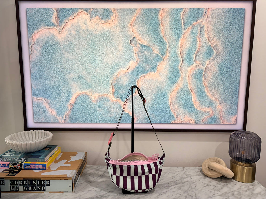 Crossbody - Purple and Baby Blue Offset Stripe Print and Pink Zipper