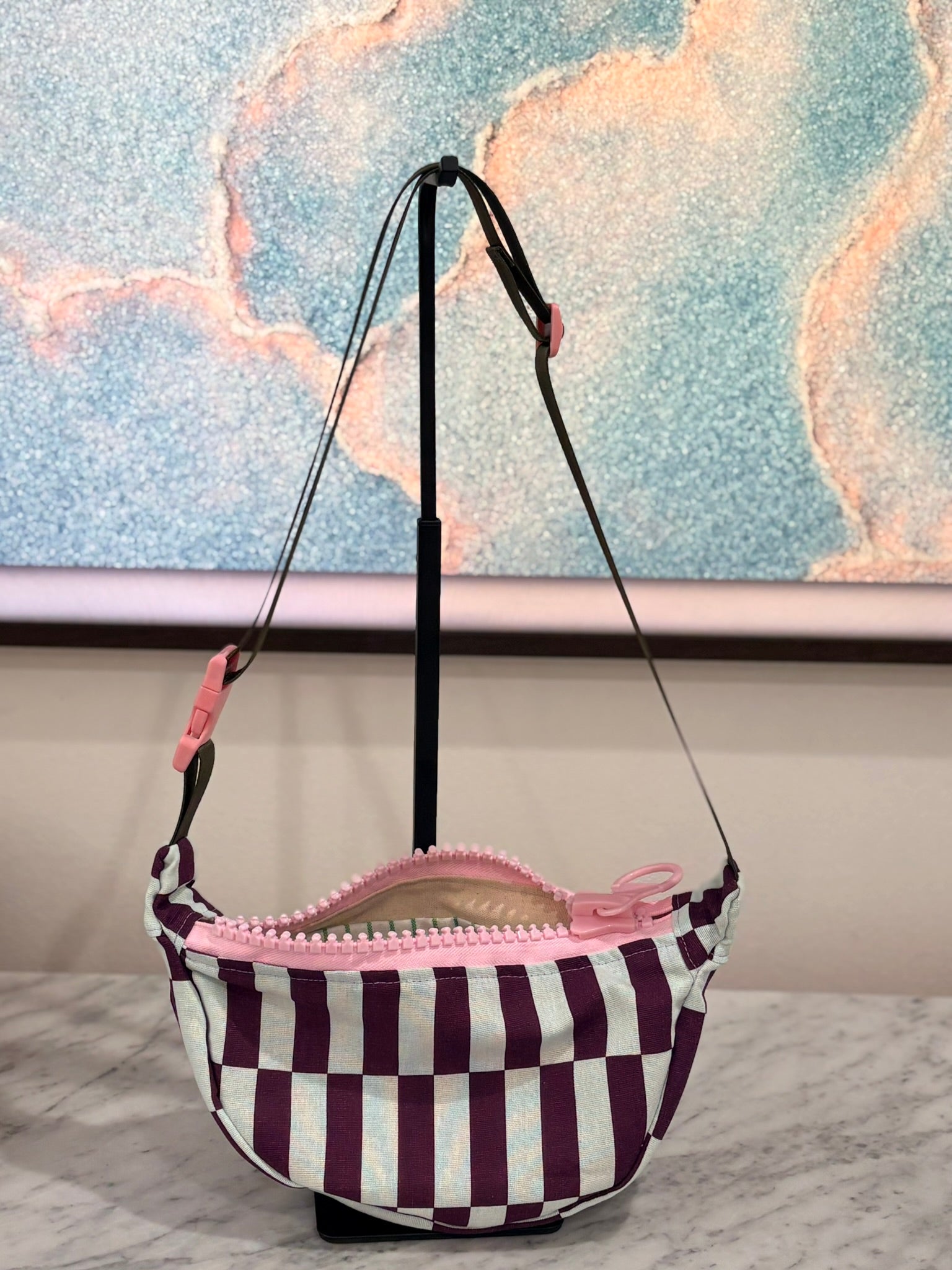Crossbody - Purple and Baby Blue Offset Stripe Print and Pink Zipper