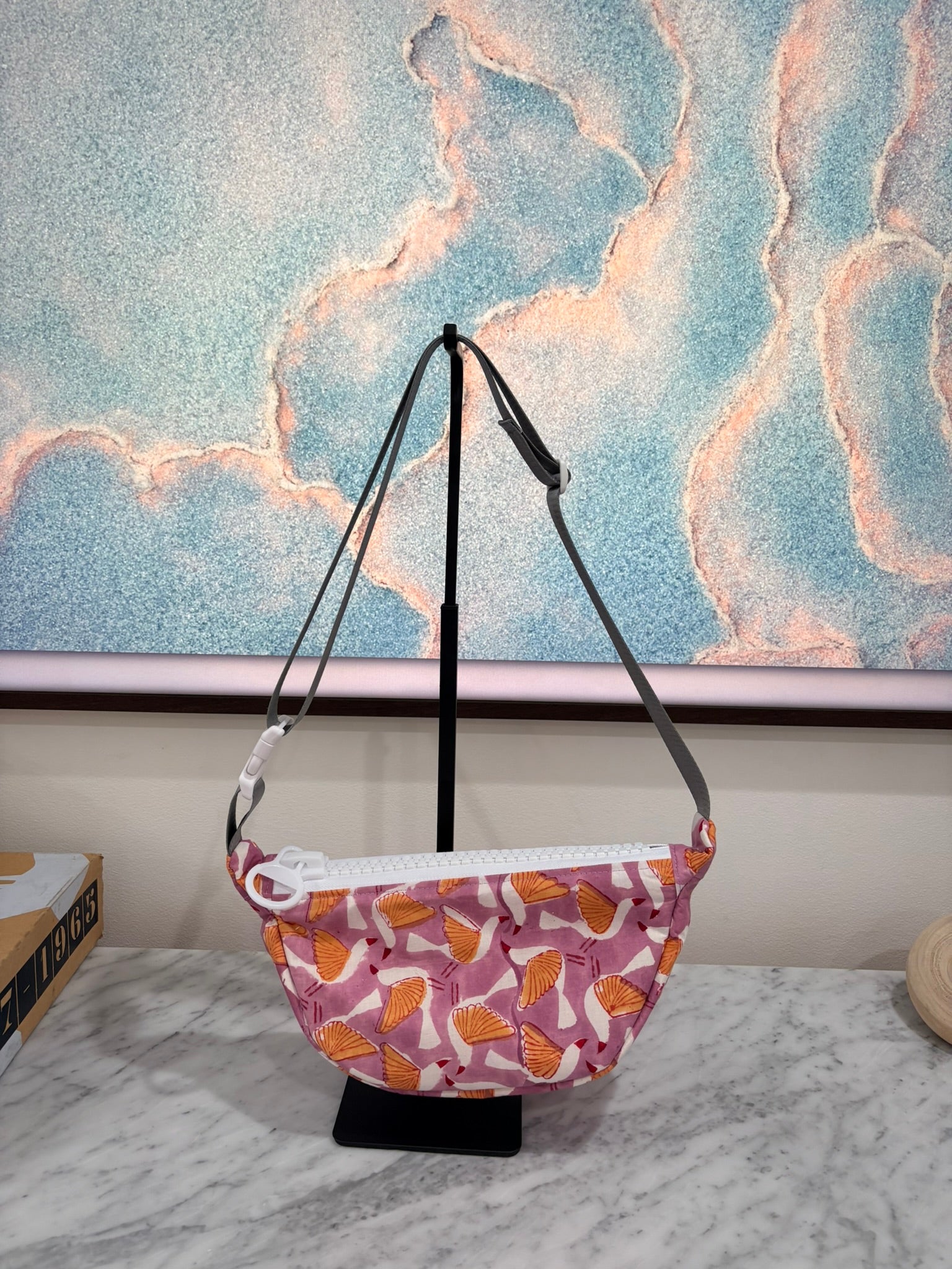 Crossbody - Bird Purple Orange Pattern and White Zipper