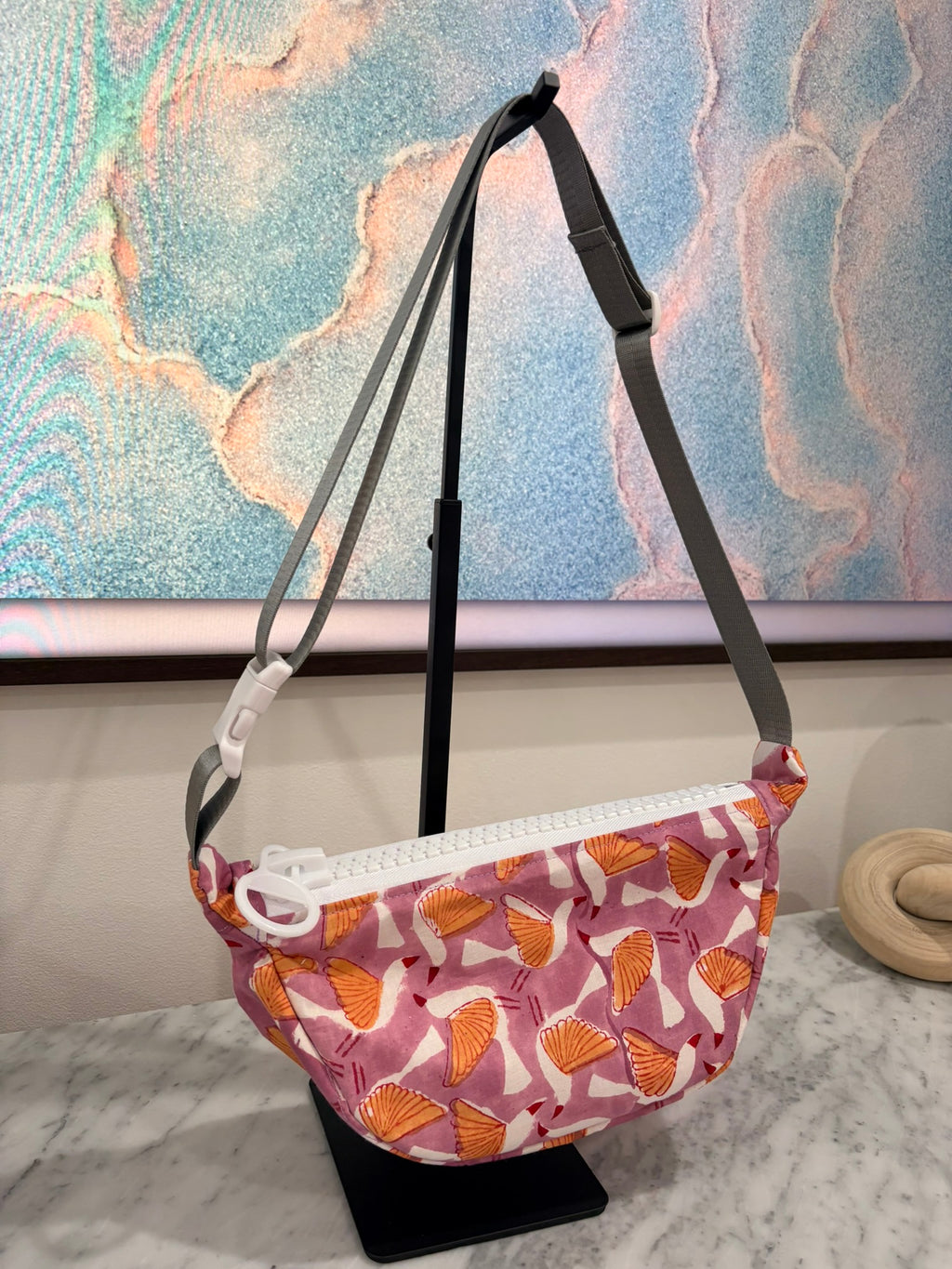 Crossbody - Bird Purple Orange Pattern and White Zipper