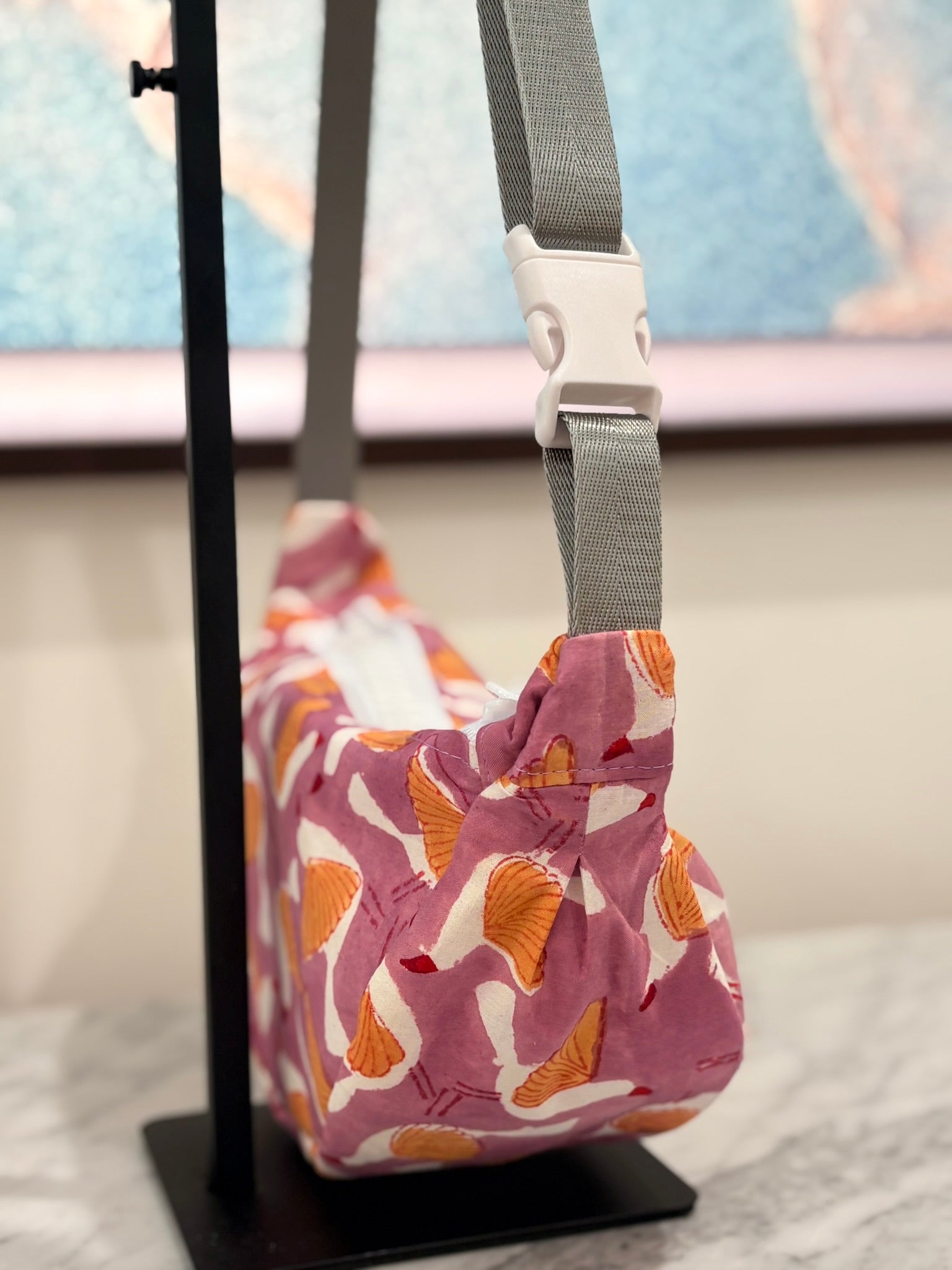 Crossbody - Bird Purple Orange Pattern and White Zipper