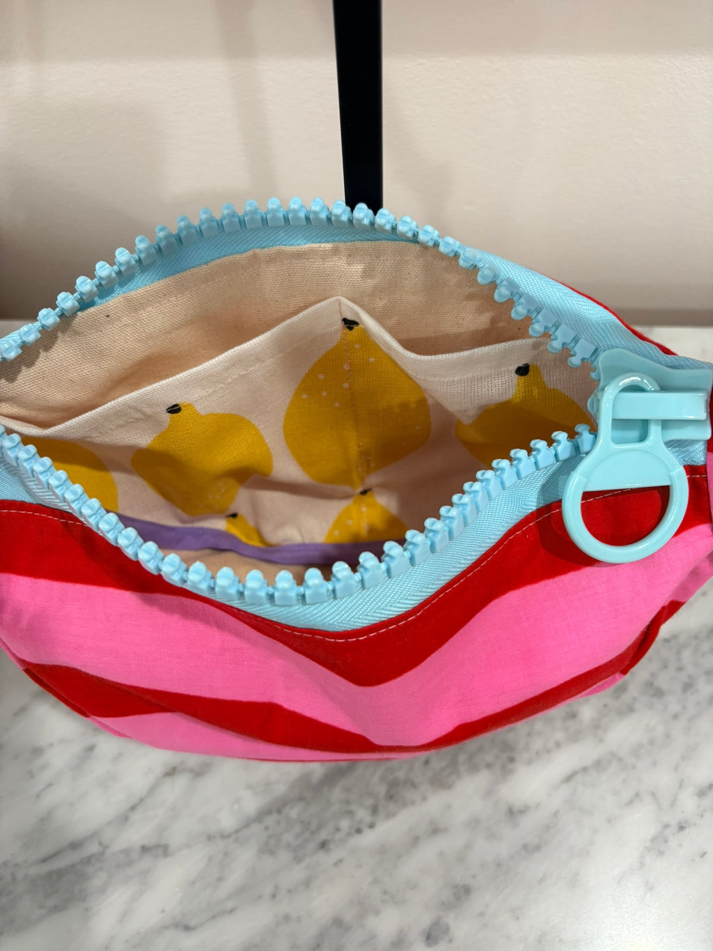 Crossbody - Pink Red Stripes and Baby Blue Zipper