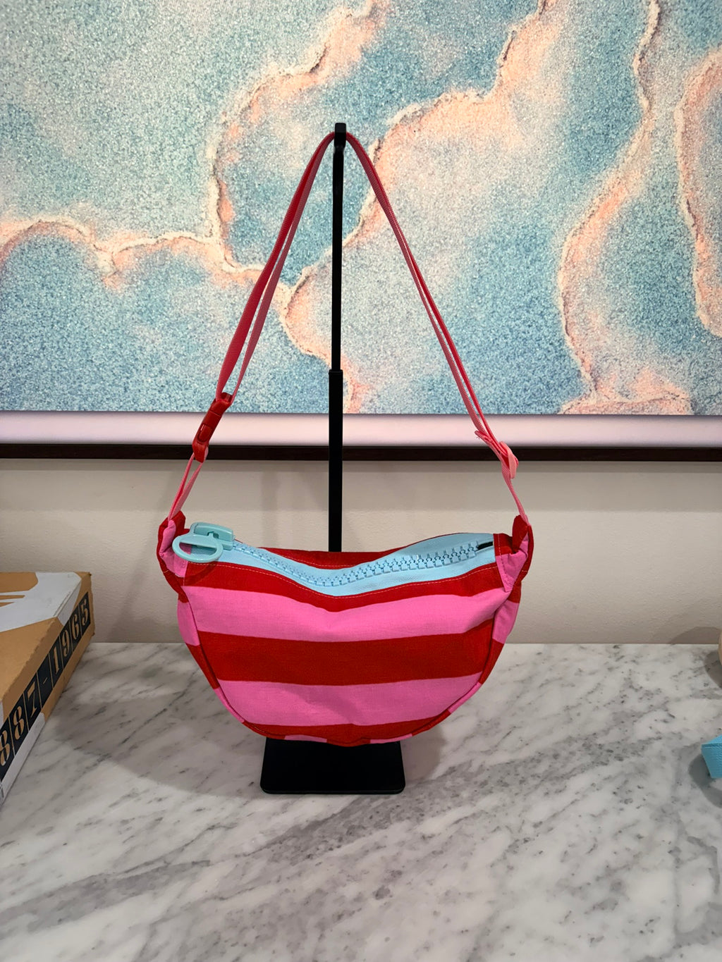 Crossbody - Pink Red Stripes and Baby Blue Zipper