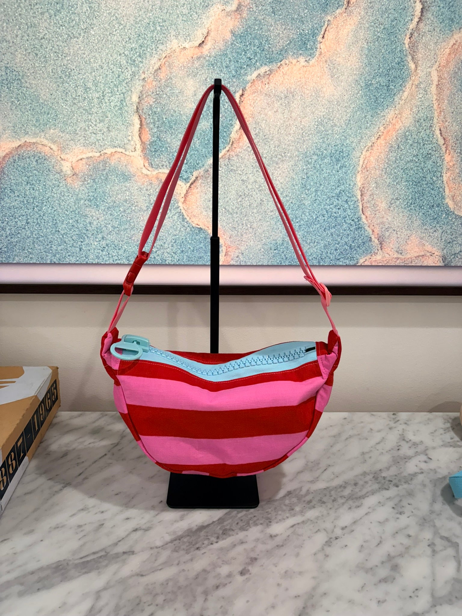 Crossbody - Pink Red Stripes and Baby Blue Zipper
