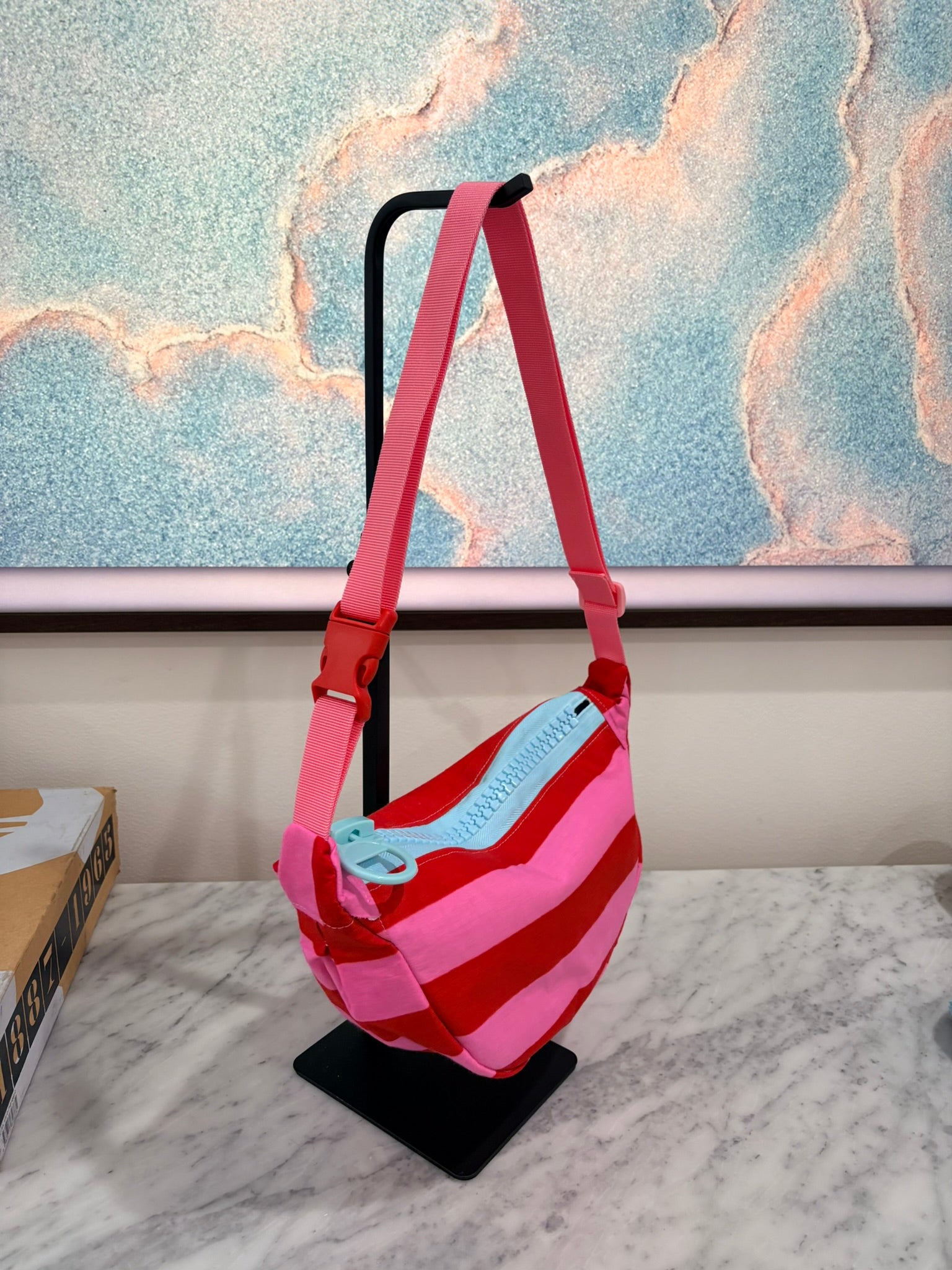 Crossbody - Pink Red Stripes and Baby Blue Zipper
