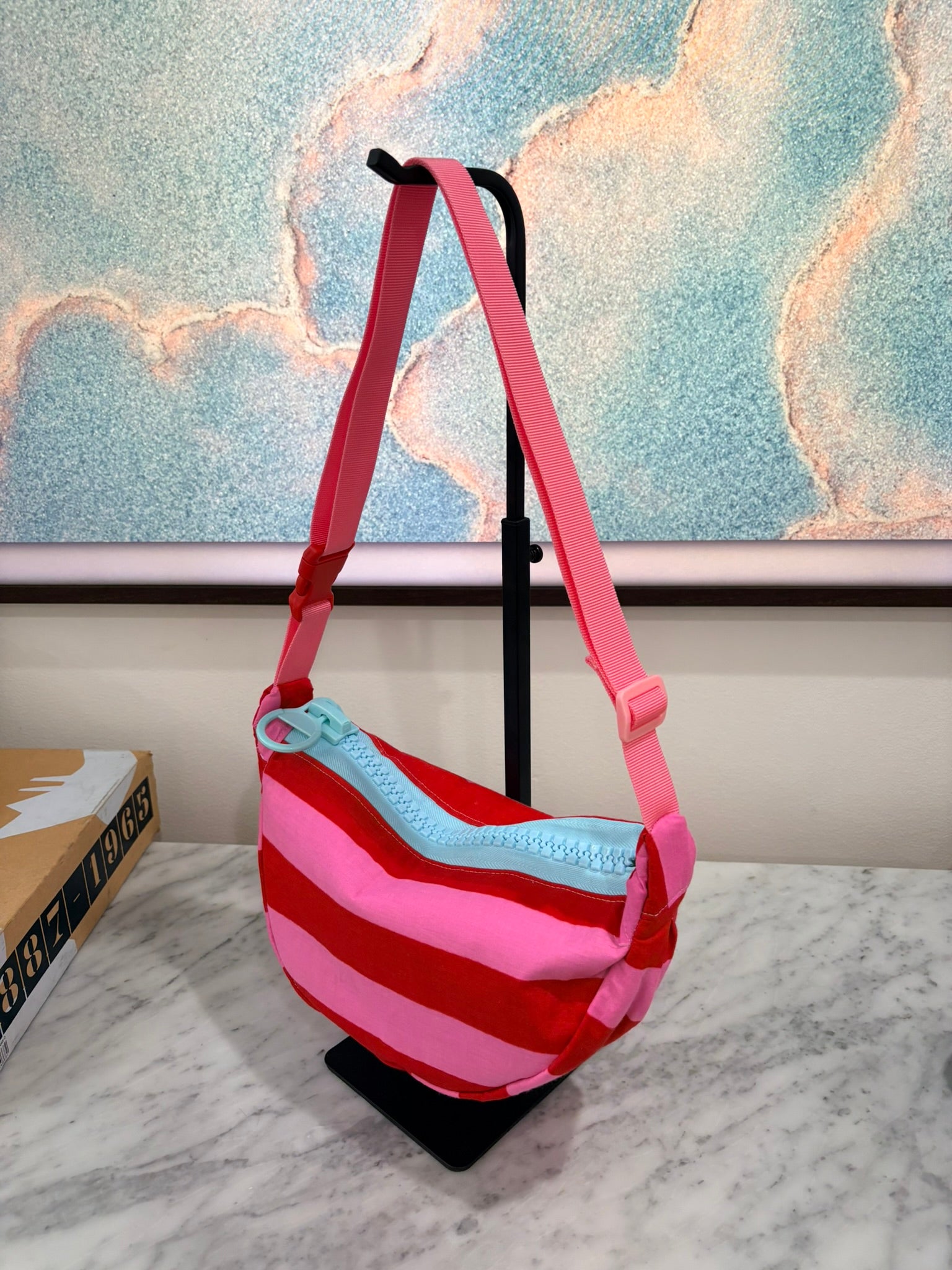 Crossbody - Pink Red Stripes and Baby Blue Zipper