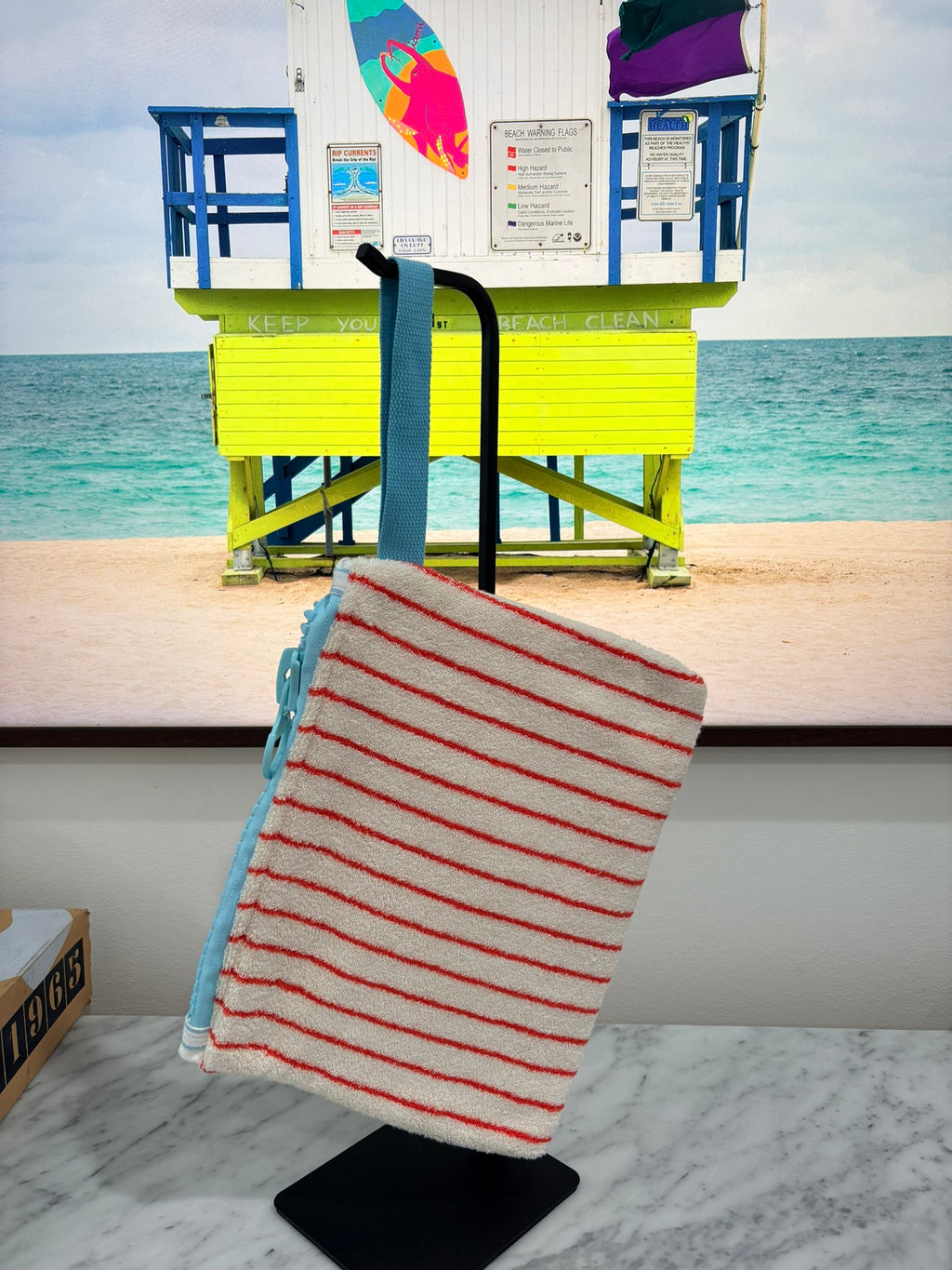 Red & White Striped Terry Cloth Clutch Large Blue Zipper
