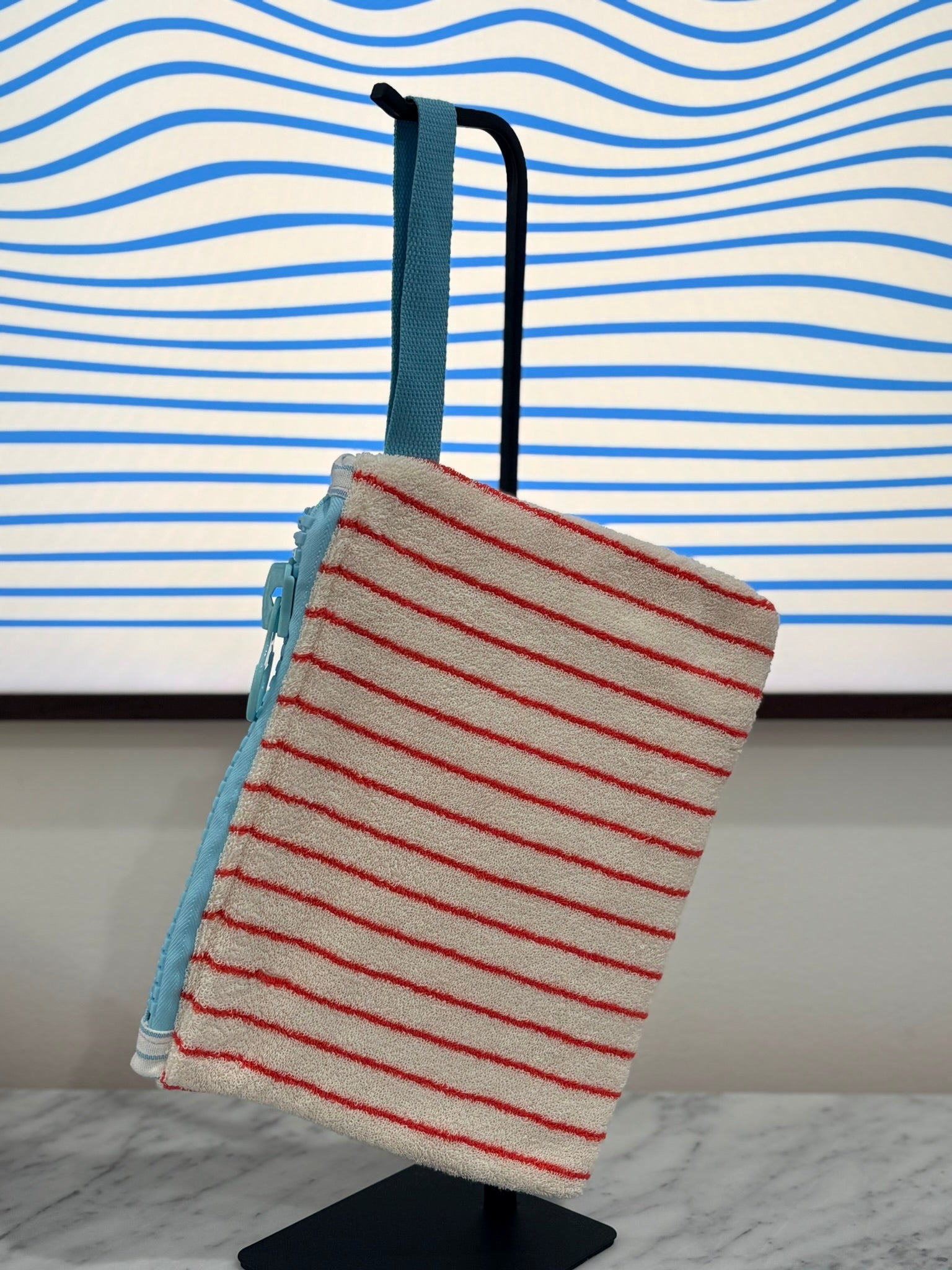 Red & White Striped Terry Cloth Clutch Large Blue Zipper