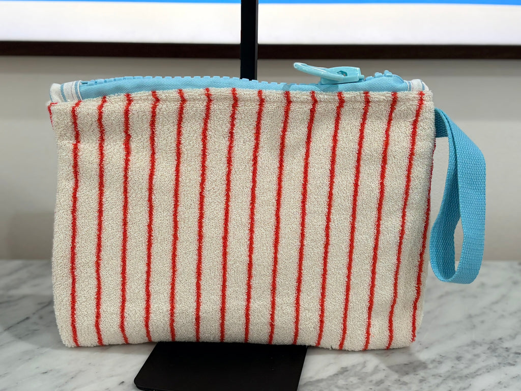Red & White Striped Terry Cloth Clutch Large Blue Zipper