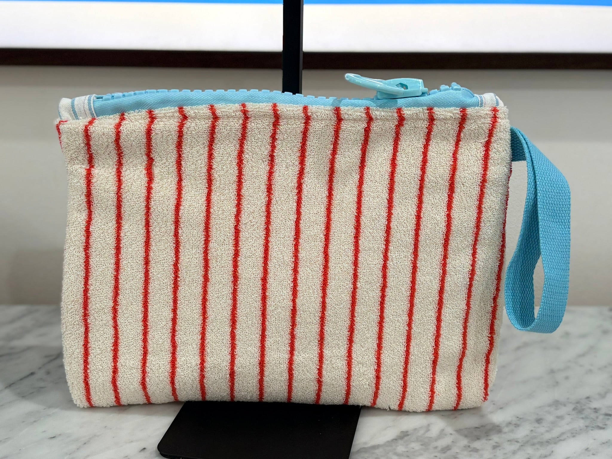 Red & White Striped Terry Cloth Clutch Large Blue Zipper
