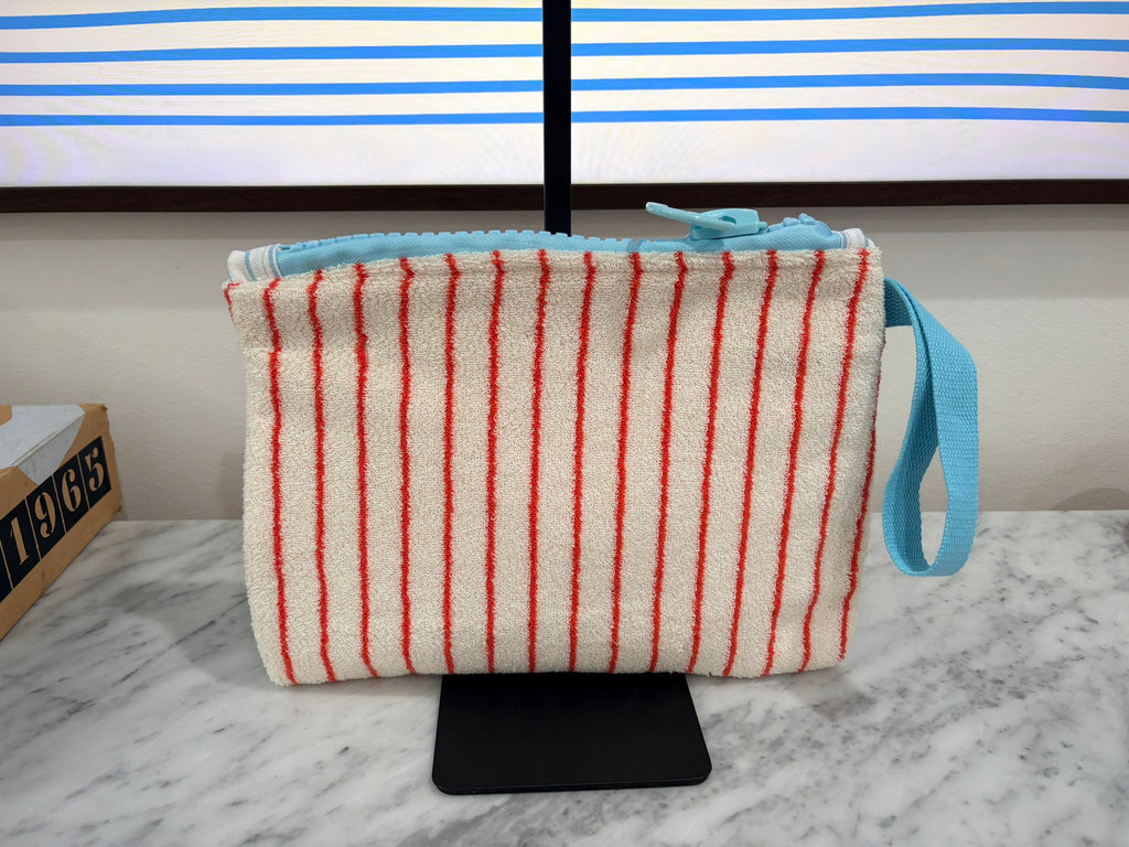 Red & White Striped Terry Cloth Clutch Large Blue Zipper