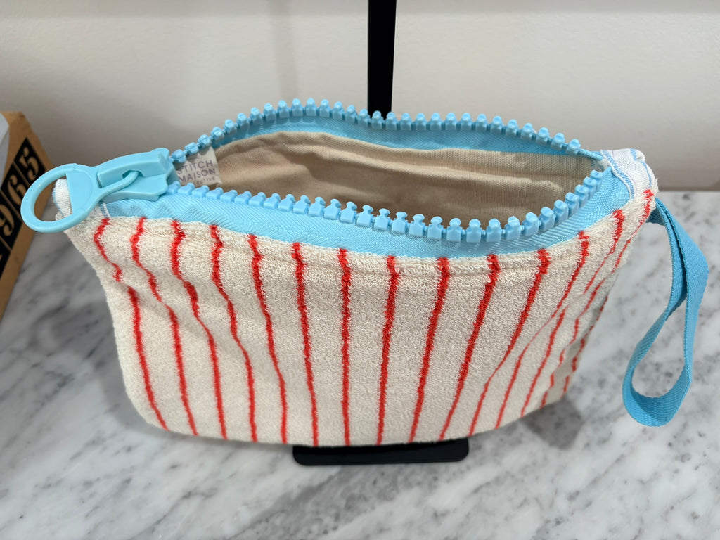 Red & White Striped Terry Cloth Clutch Large Blue Zipper