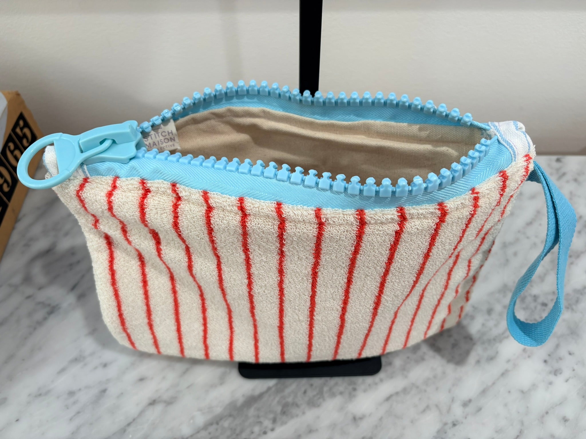 Red & White Striped Terry Cloth Clutch Large Blue Zipper