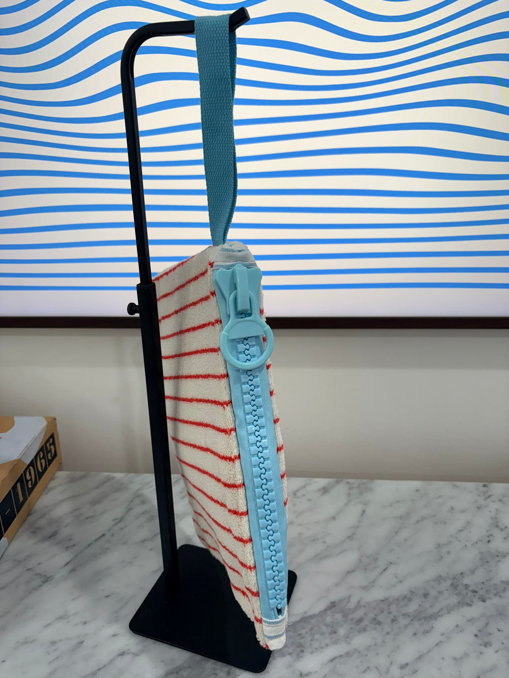 Red & White Striped Terry Cloth Clutch Large Blue Zipper