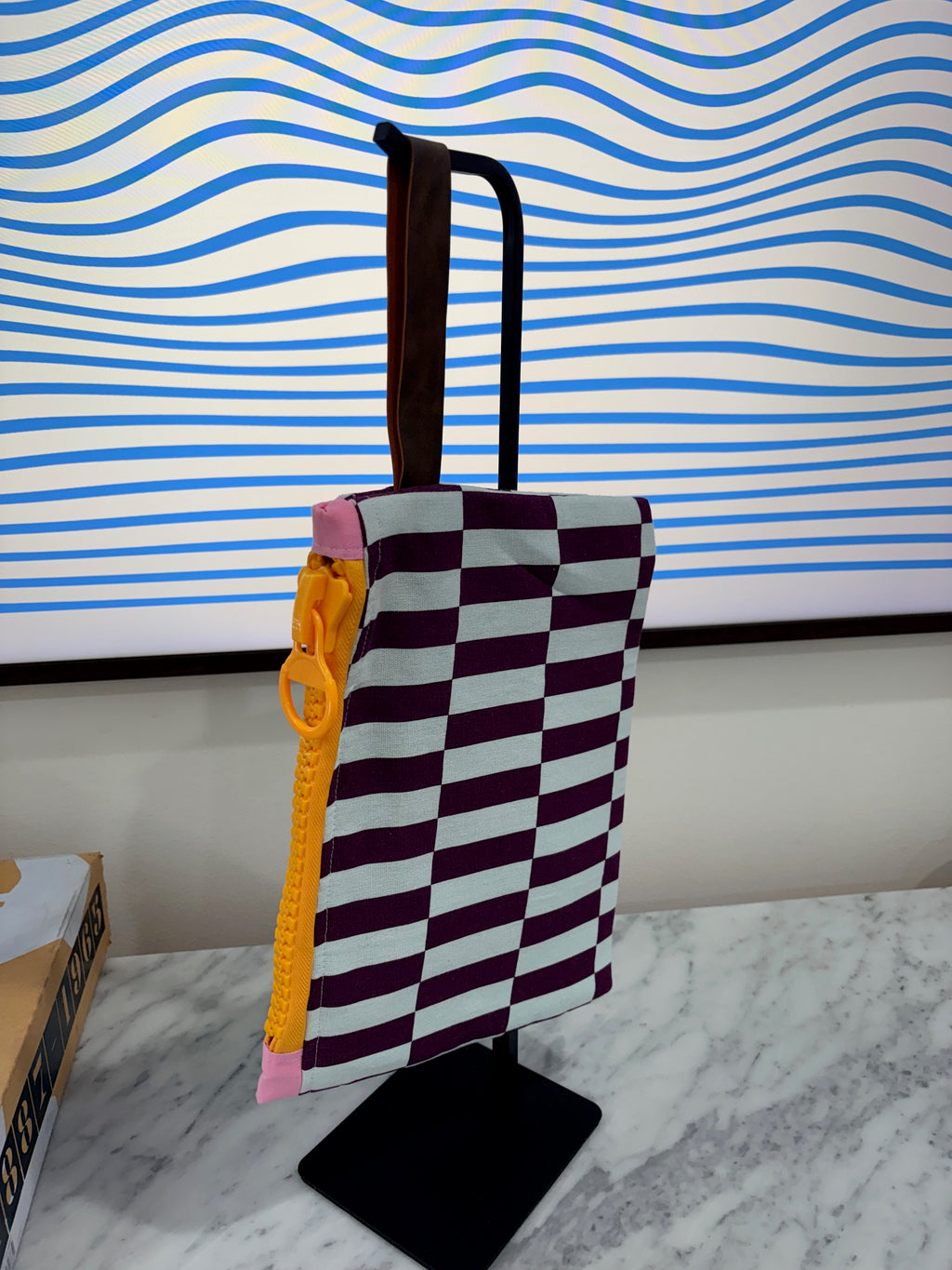 Purple Blue Patterned Clutch with Large Orange Zipper and Leather Strap