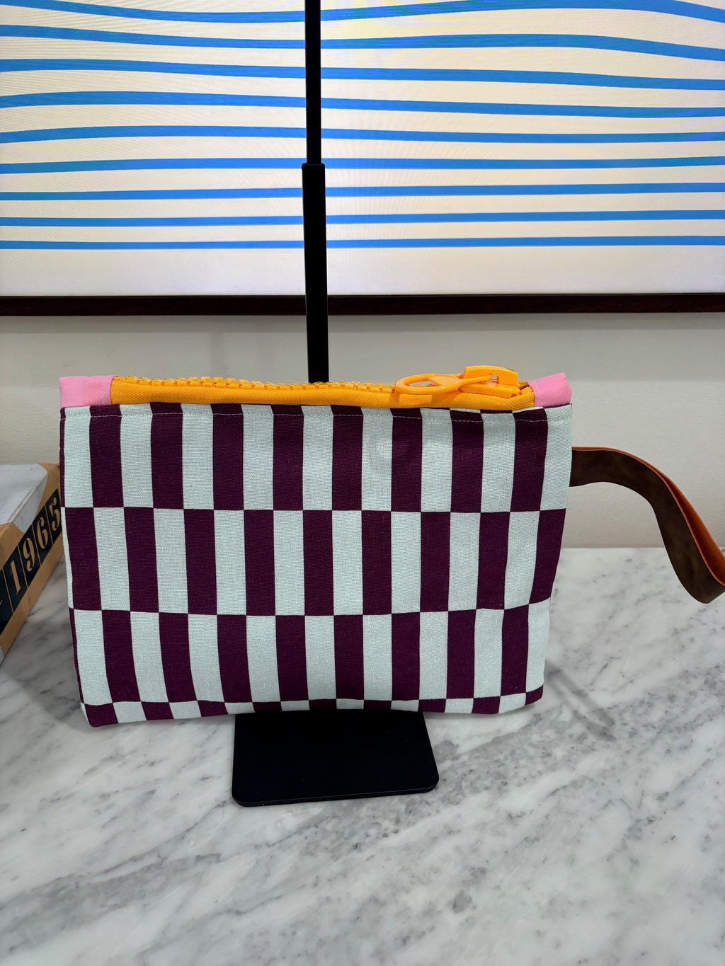 Purple Blue Patterned Clutch with Large Orange Zipper and Leather Strap