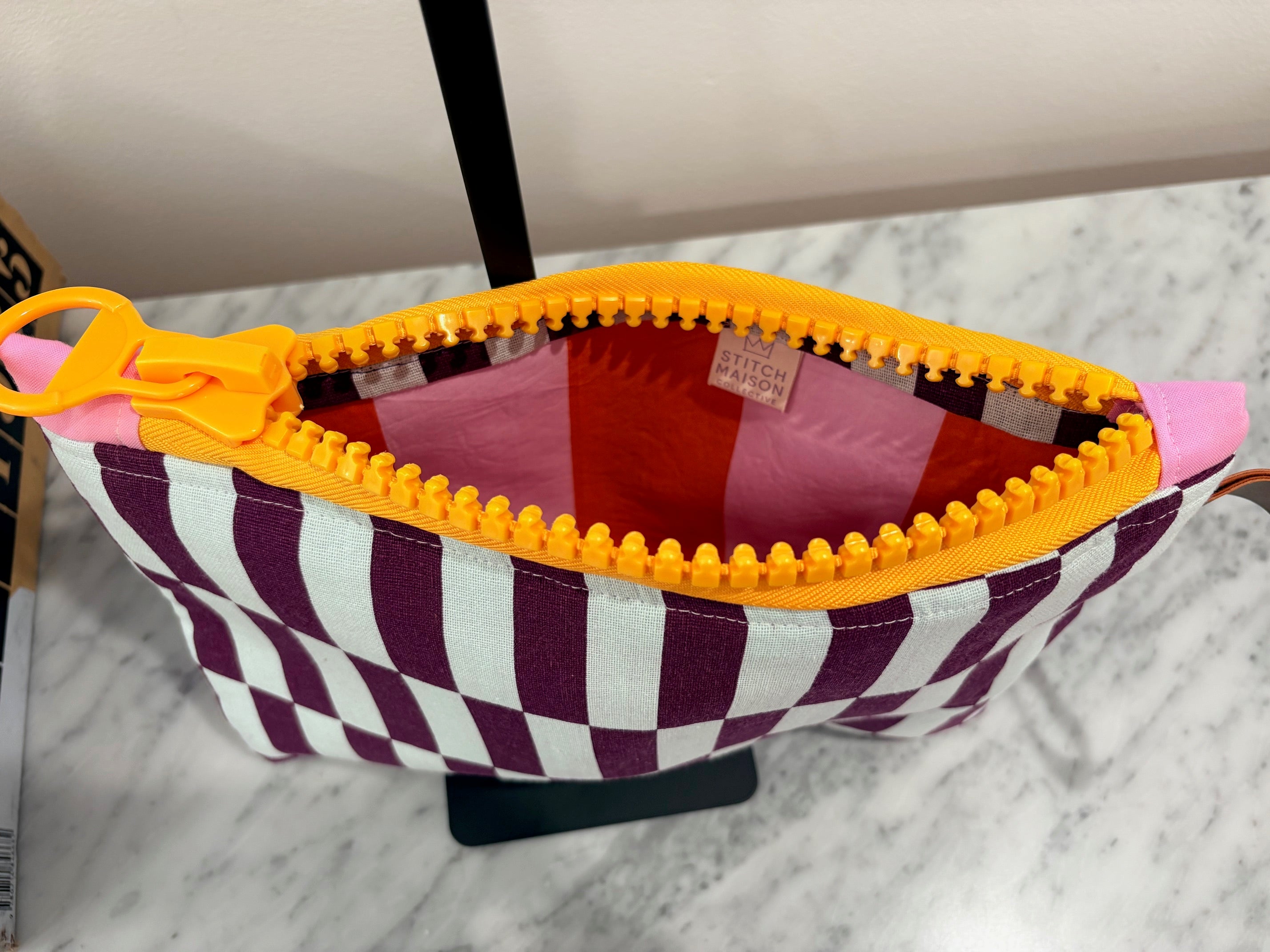 Purple Blue Patterned Clutch with Large Orange Zipper and Leather Strap