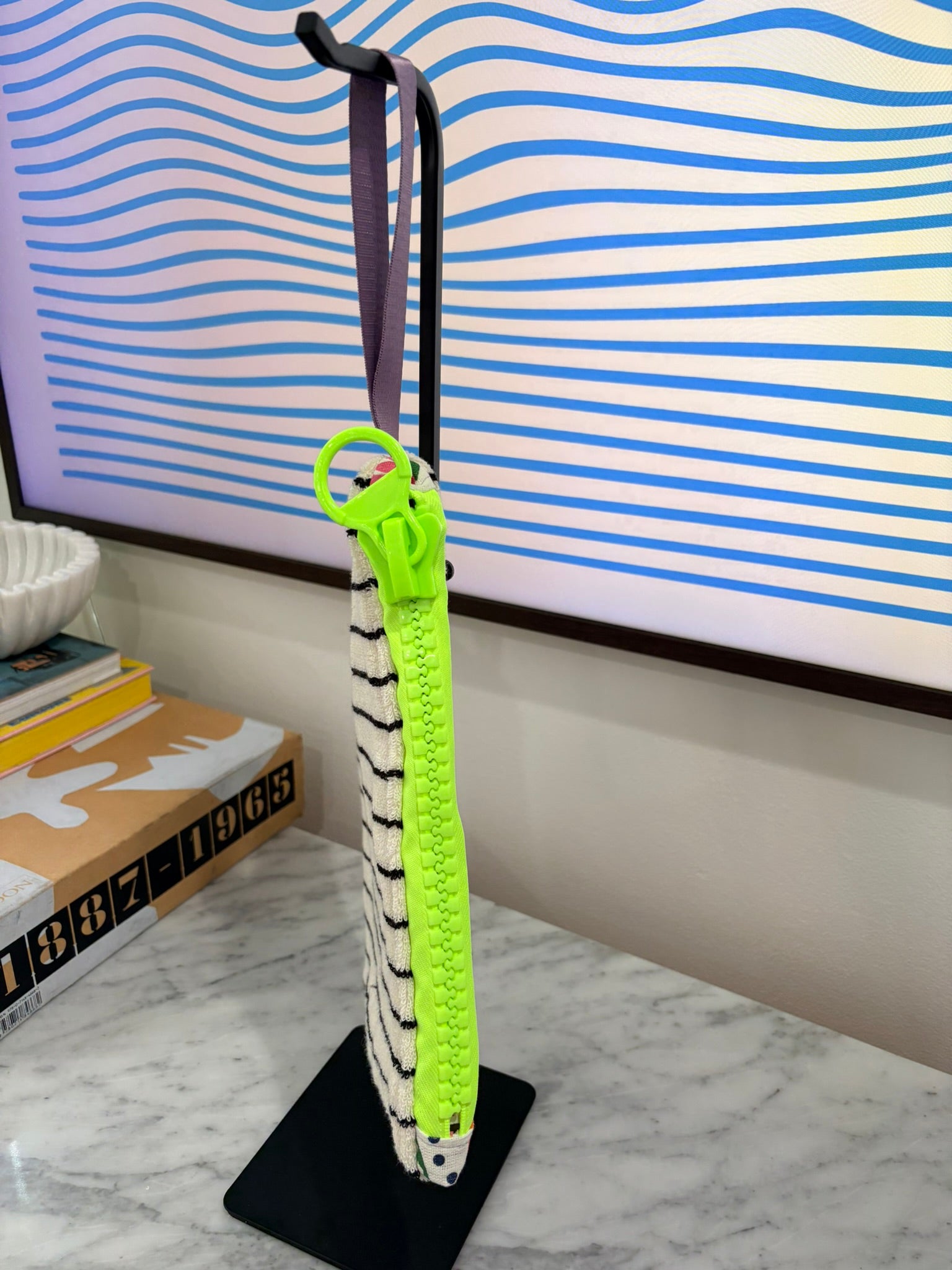 Black & White Striped Terry Cloth Clutch Large Neon Yellow Zipper