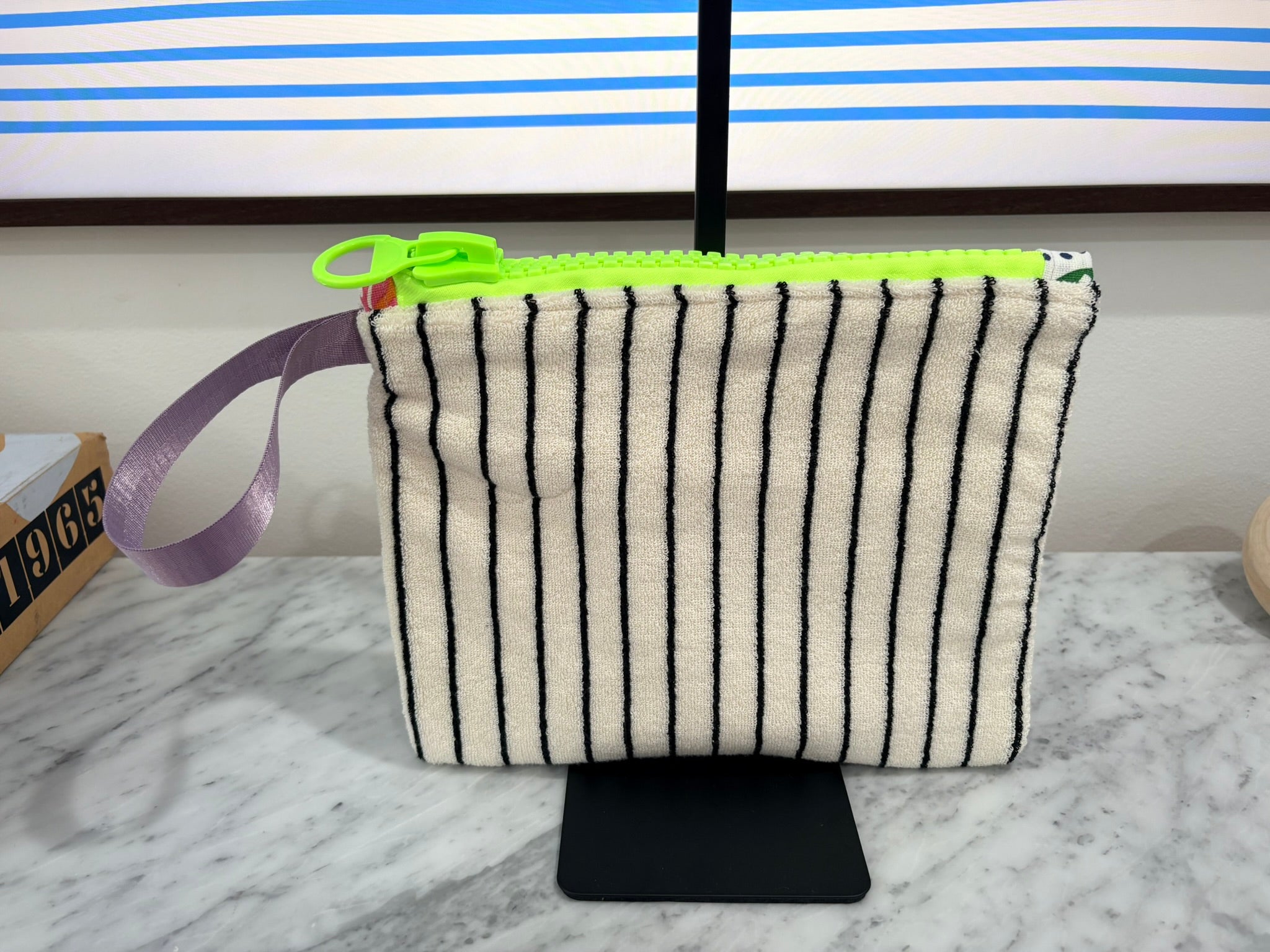 Black & White Striped Terry Cloth Clutch Large Neon Yellow Zipper