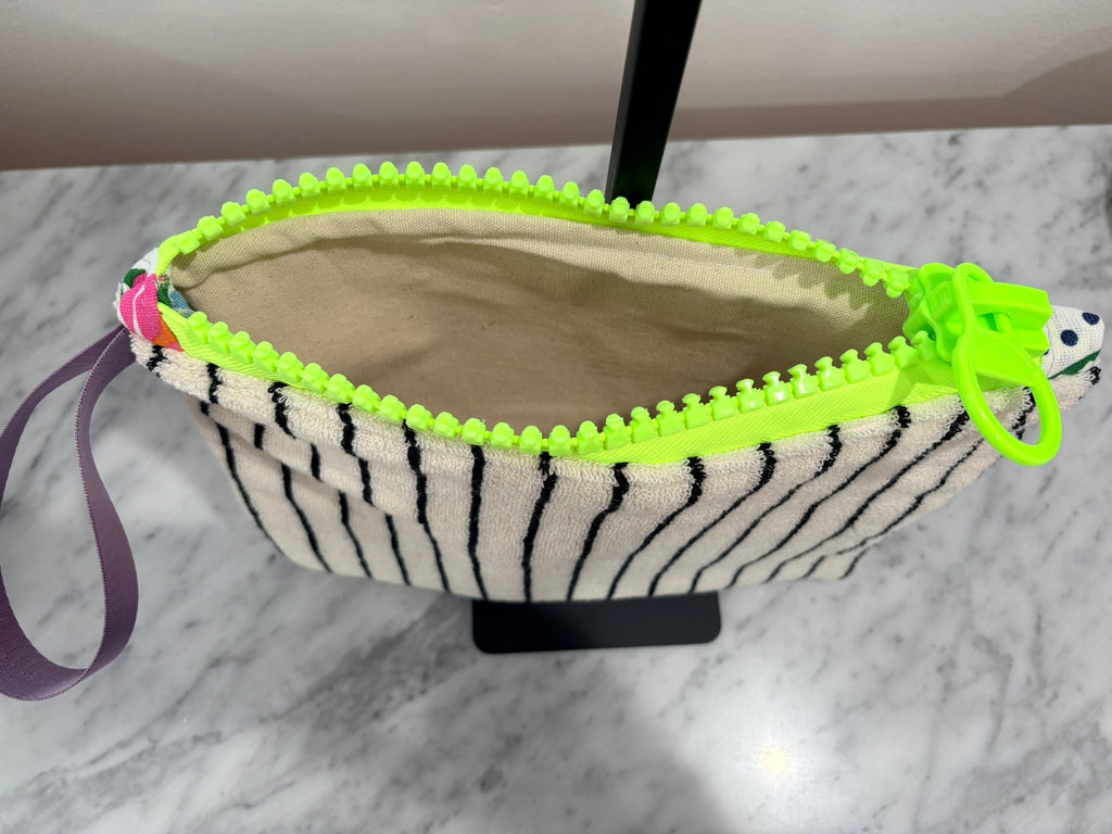 Black & White Striped Terry Cloth Clutch Large Neon Yellow Zipper