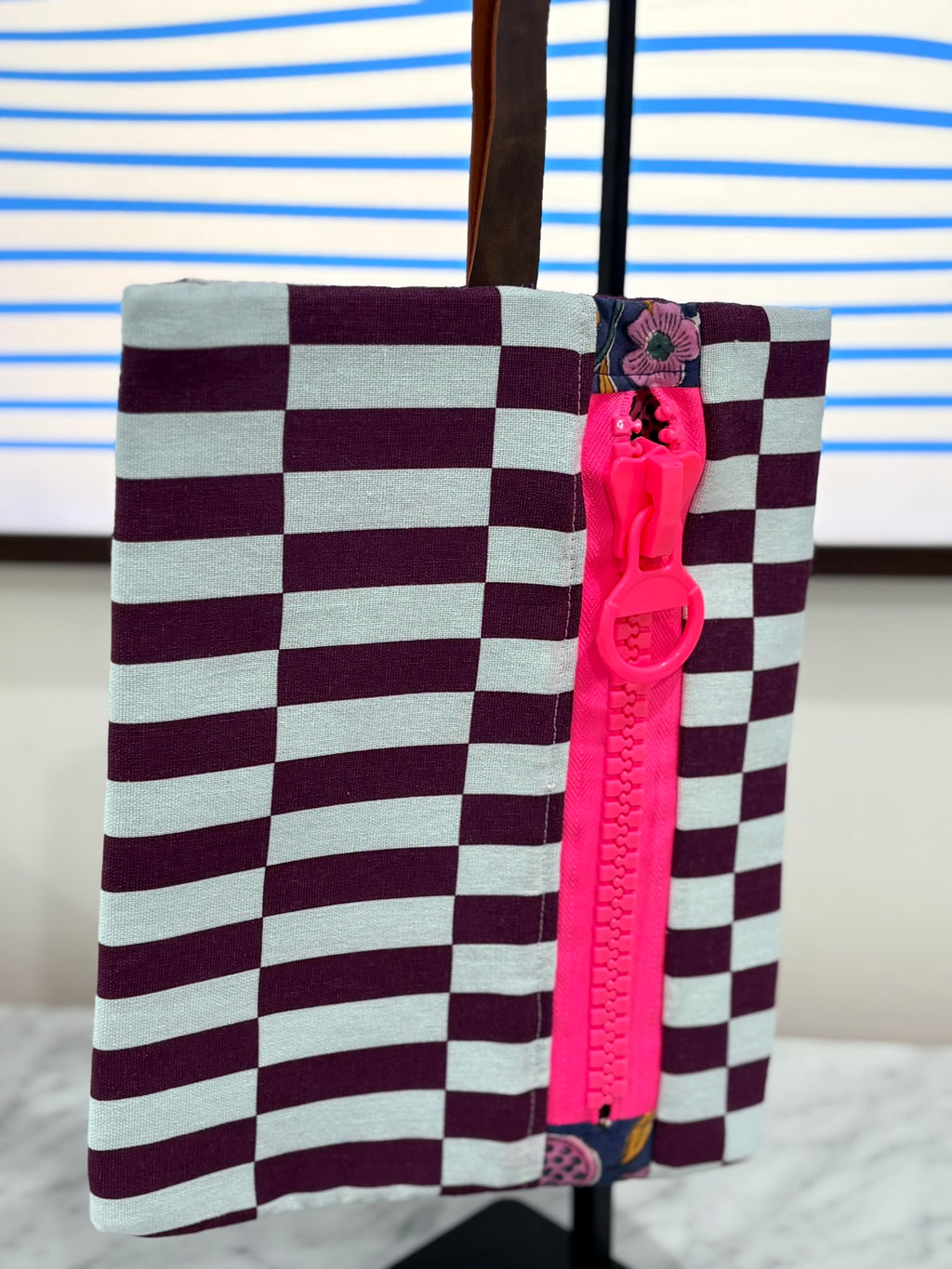 Purple Blue Patterned Clutch with Large Neon Pink Zipper and Leather Strap