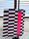 Purple Blue Patterned Clutch with Large Neon Pink Zipper and Leather Strap