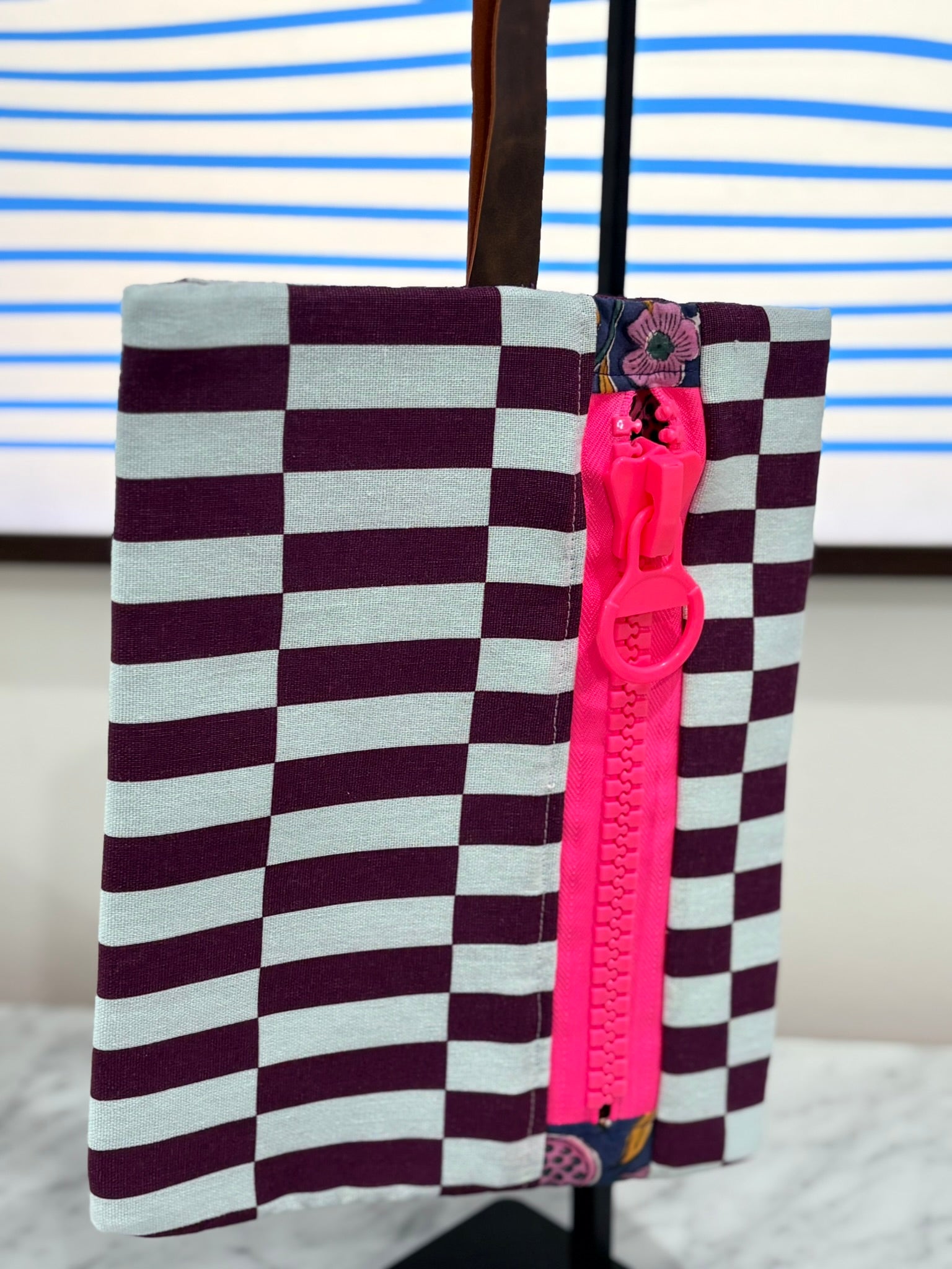 Purple Blue Patterned Clutch with Large Neon Pink Zipper and Leather Strap