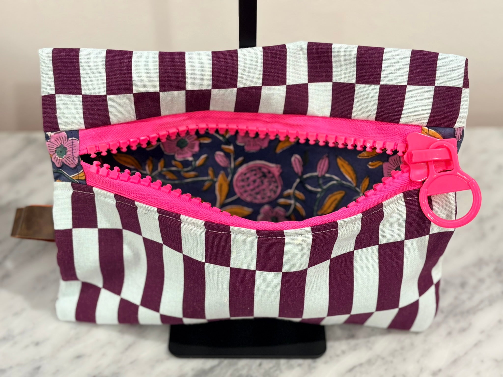 Purple Blue Patterned Clutch with Large Neon Pink Zipper and Leather Strap