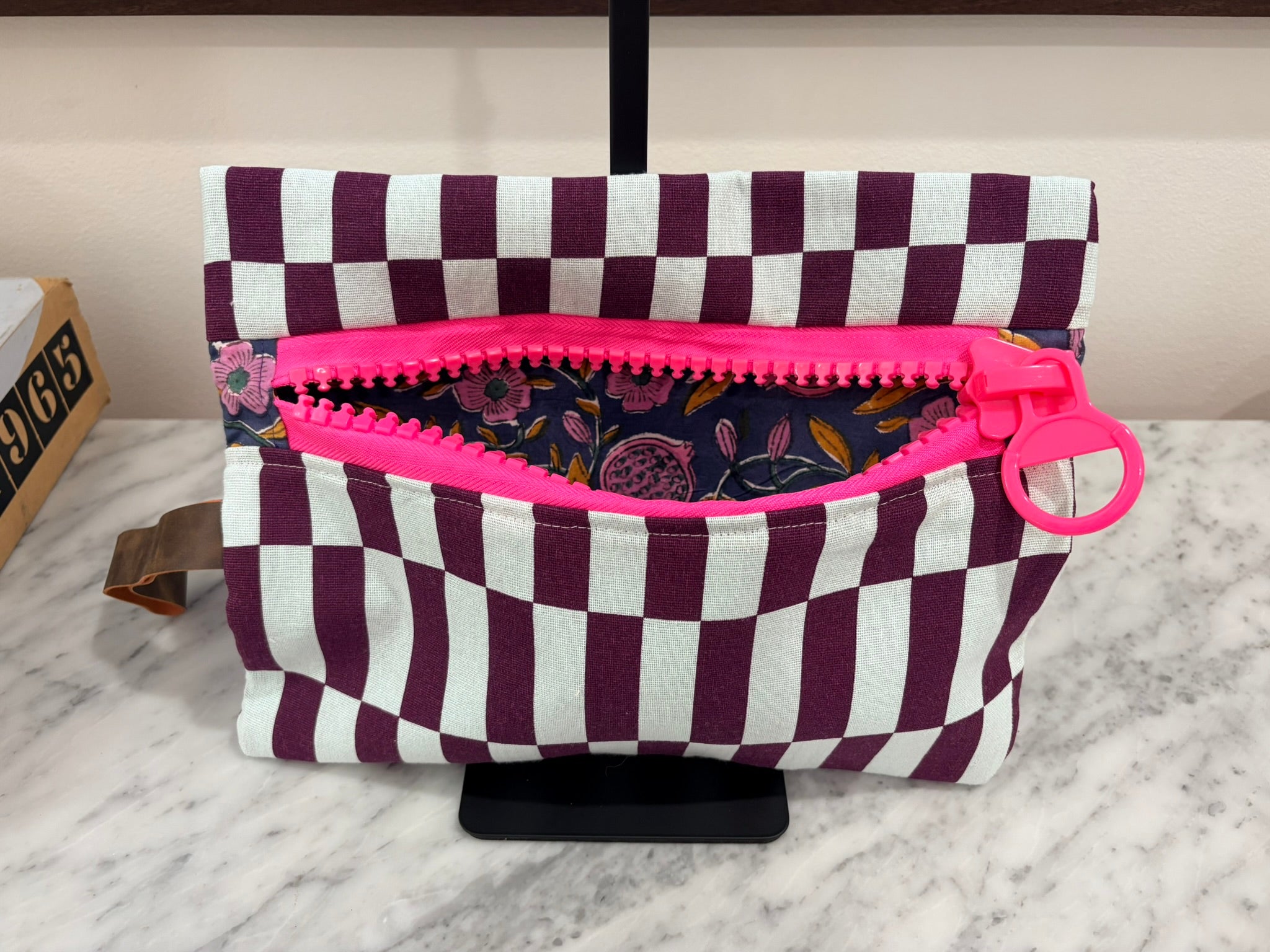 Purple Blue Patterned Clutch with Large Neon Pink Zipper and Leather Strap